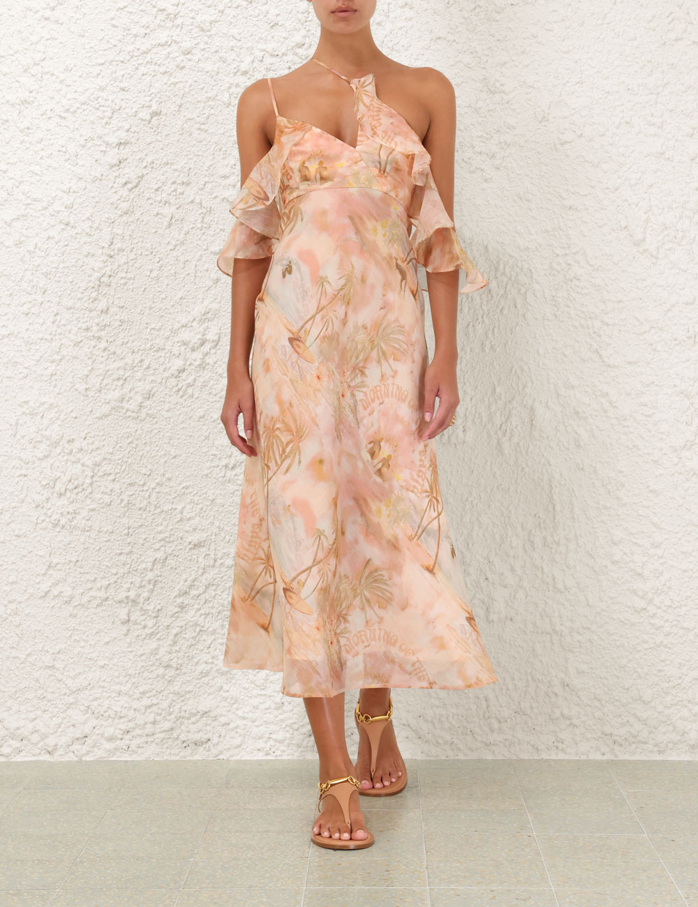 Peach Printed Cold Shoulder Dress