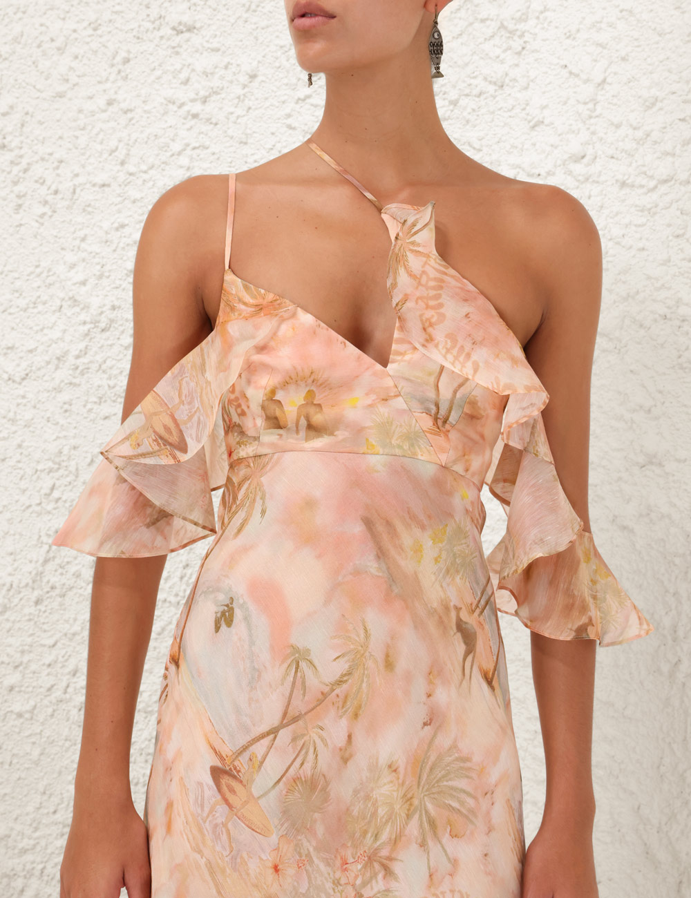 Peach Printed Cold Shoulder Dress