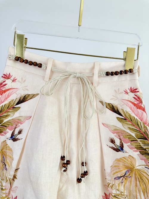 Zimmermann Cream Palm Floral Linen Shorts with Wood Beaded Tie Belt 1 Zimmermann Cream Palm Floral Linen Shorts with Wood Beaded Tie Belt