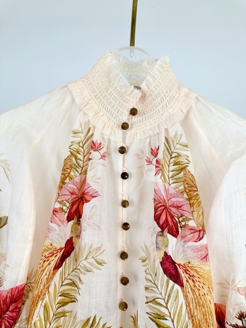 Ascension Billow Blouse Cream Palm Floral, Ramie Fabric, Wooden Buttons 1 Ascension Billow Blouse Cream Palm Floral, Ramie Fabric, Wooden Buttons