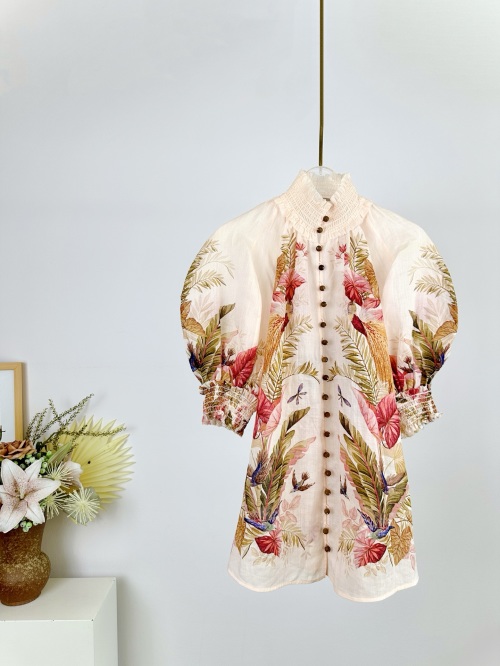 Zimmermann Ascension Floral Linen Mini Dress High Neck Lantern Sleeves 1 Zimmermann Ascension Floral Linen Mini Dress High Neck Lantern Sleeves