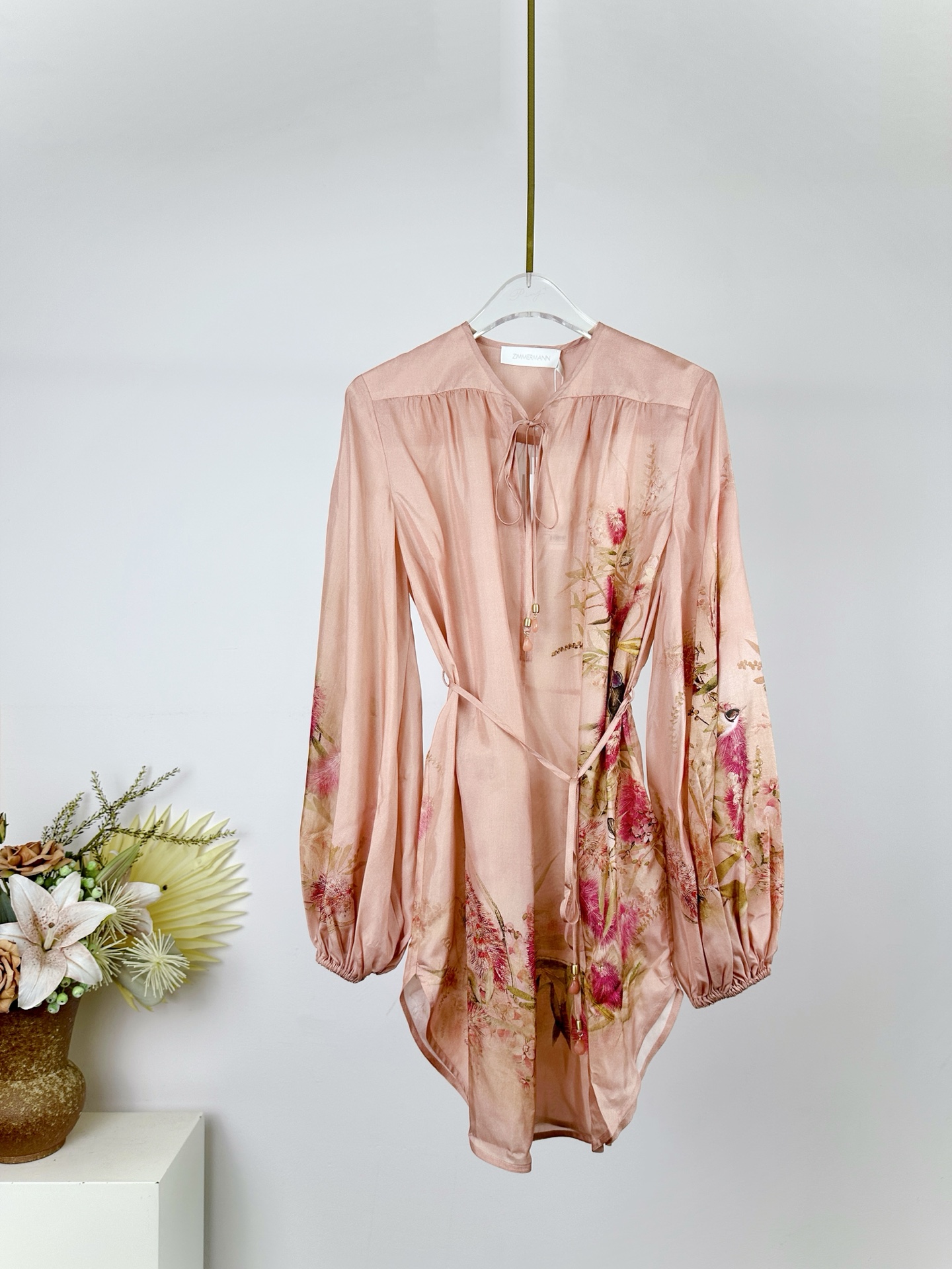 “Cascadian Summer Bathing Suit Series by Zimmermann: Real-Swirling Fabric, Loose Sleeves, Belts, Eyebrow Detail.”