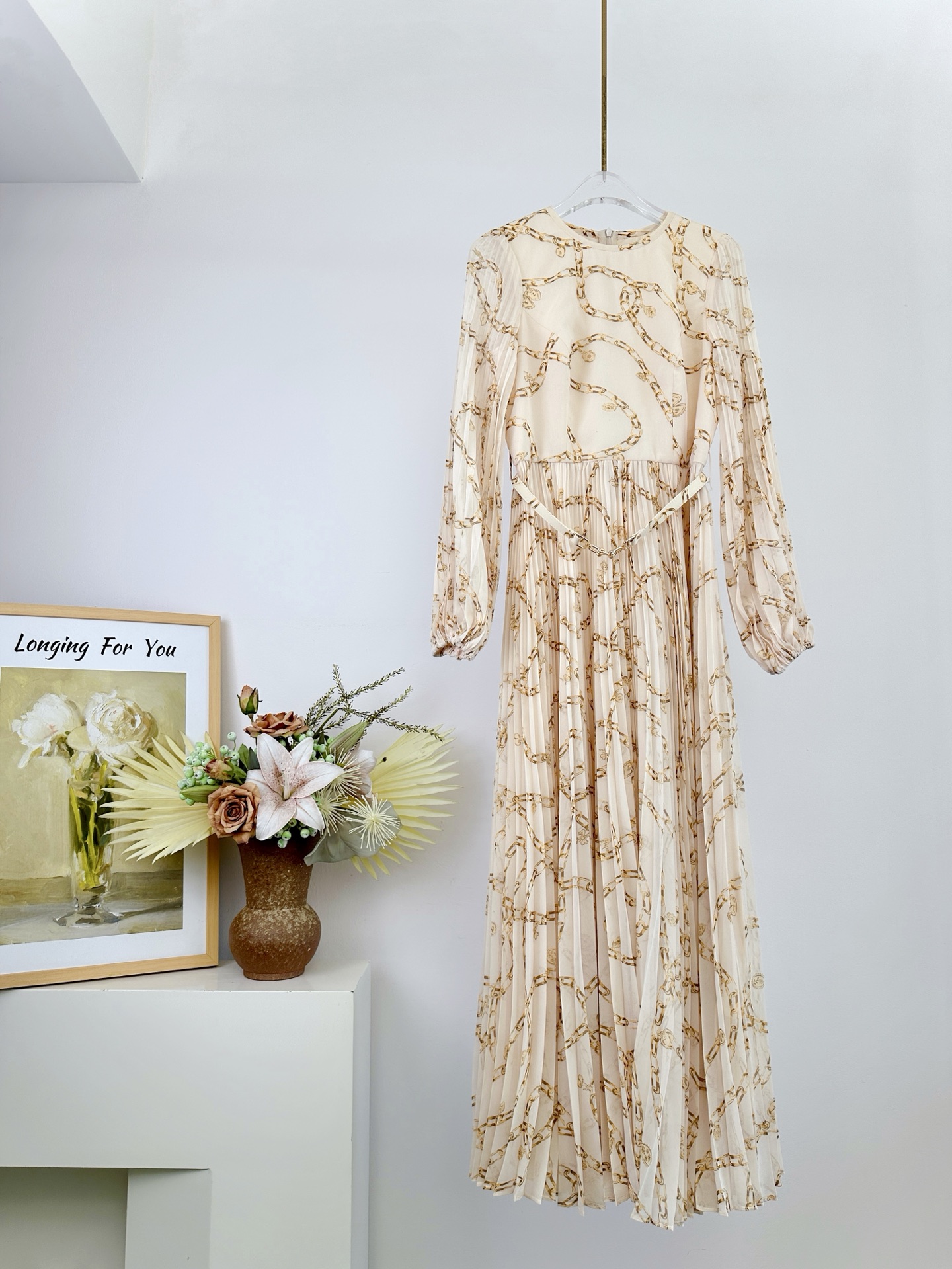 Zimmermann Robe Longue Plissée Hypnotic Automne, Manches Longues et Ceinture Amovible