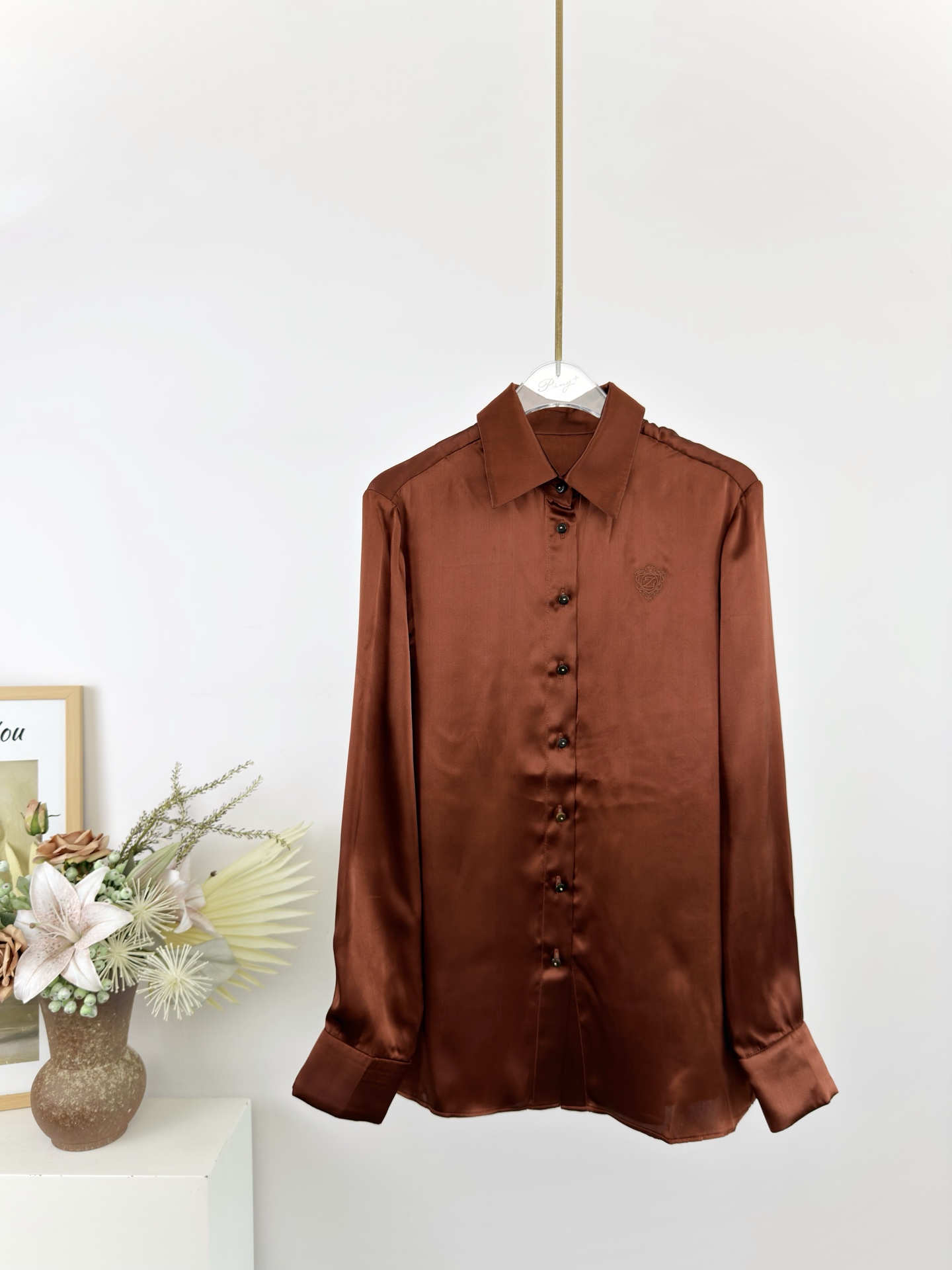 Zimmermann Hypnotic Chemise en Soie Fauve avec Broderie et Manches Longues