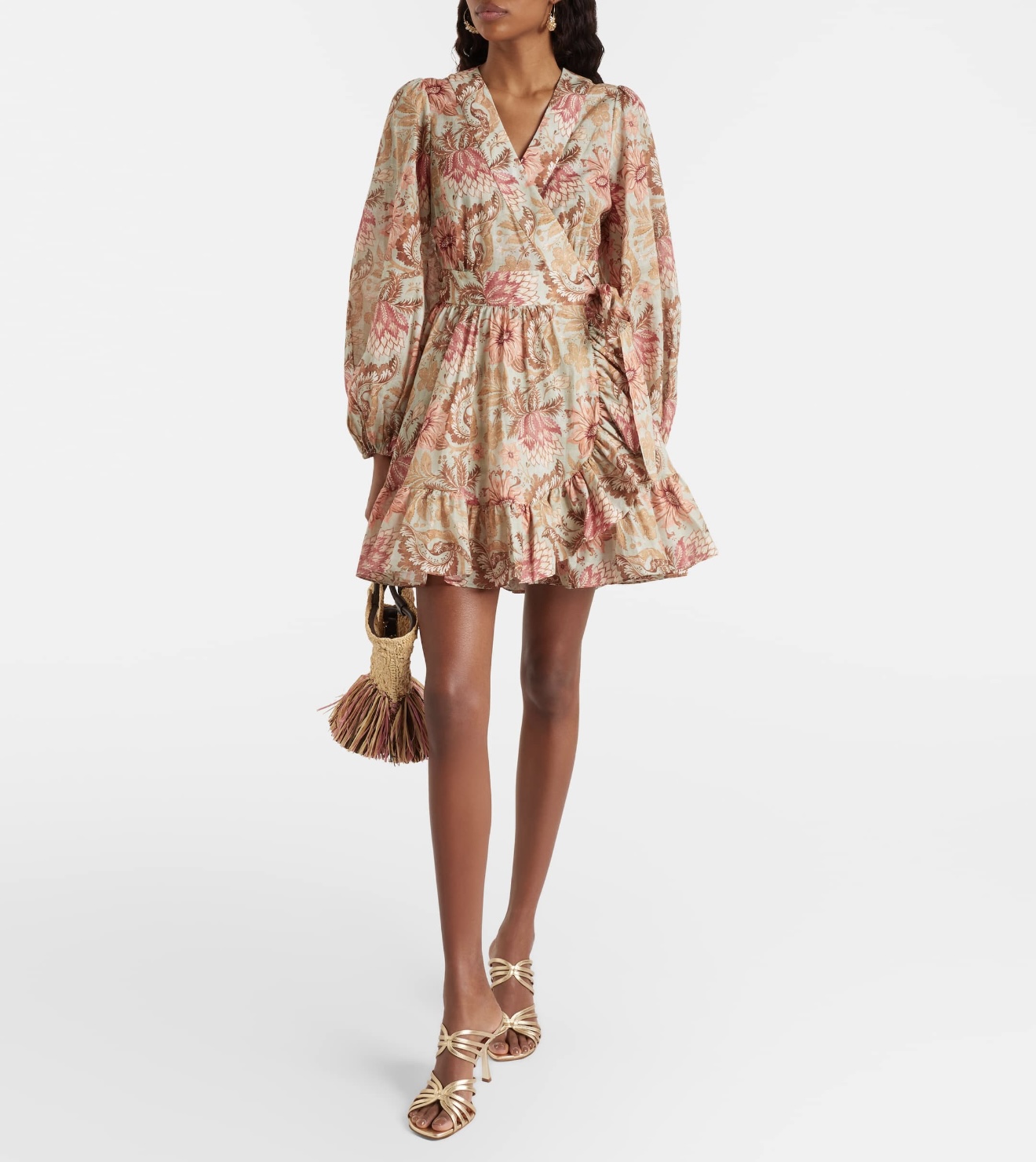 Floral Ruffle-Hem Long-Sleeve Dress