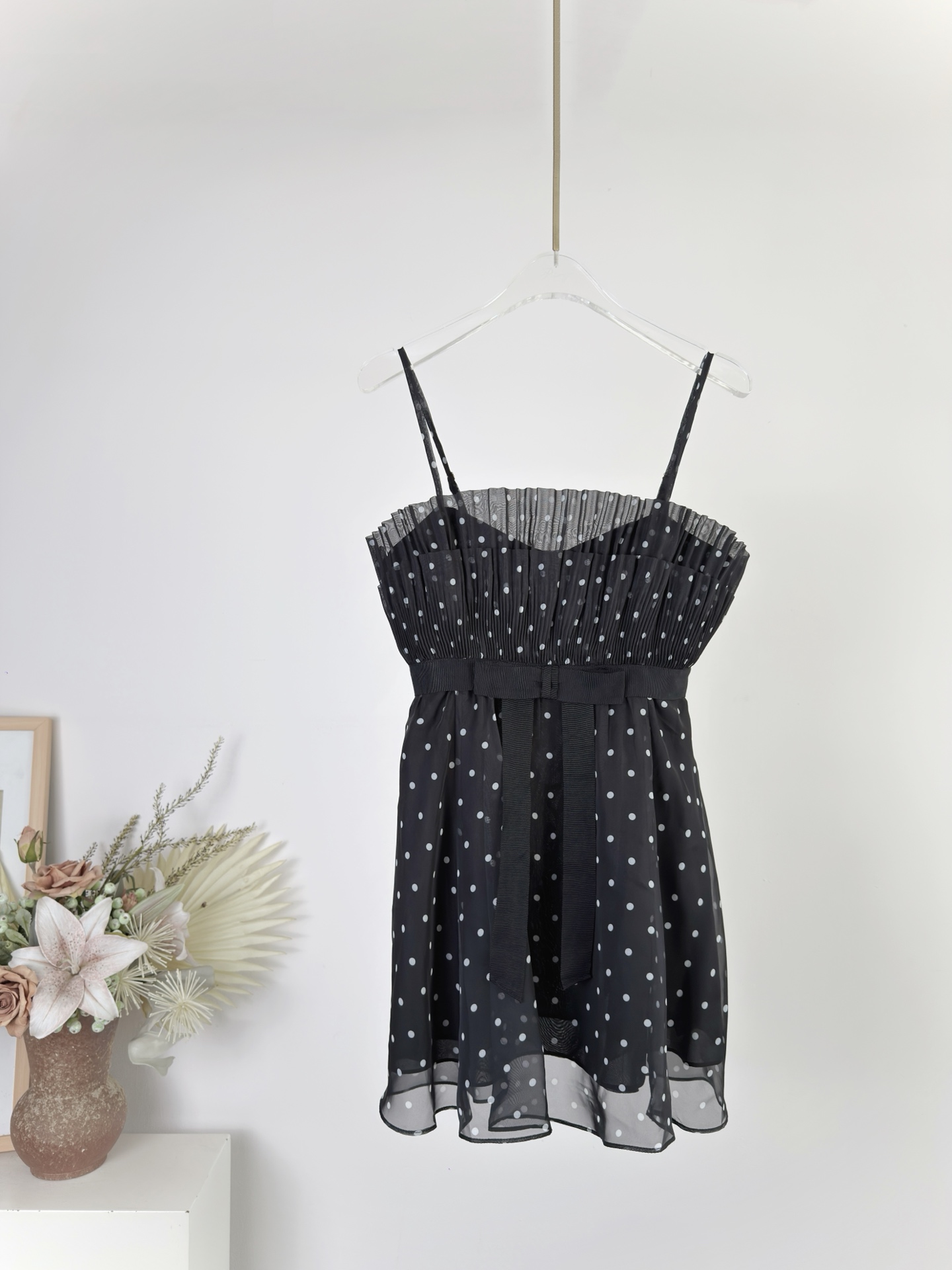 Black Dotted Tie Waist Dress