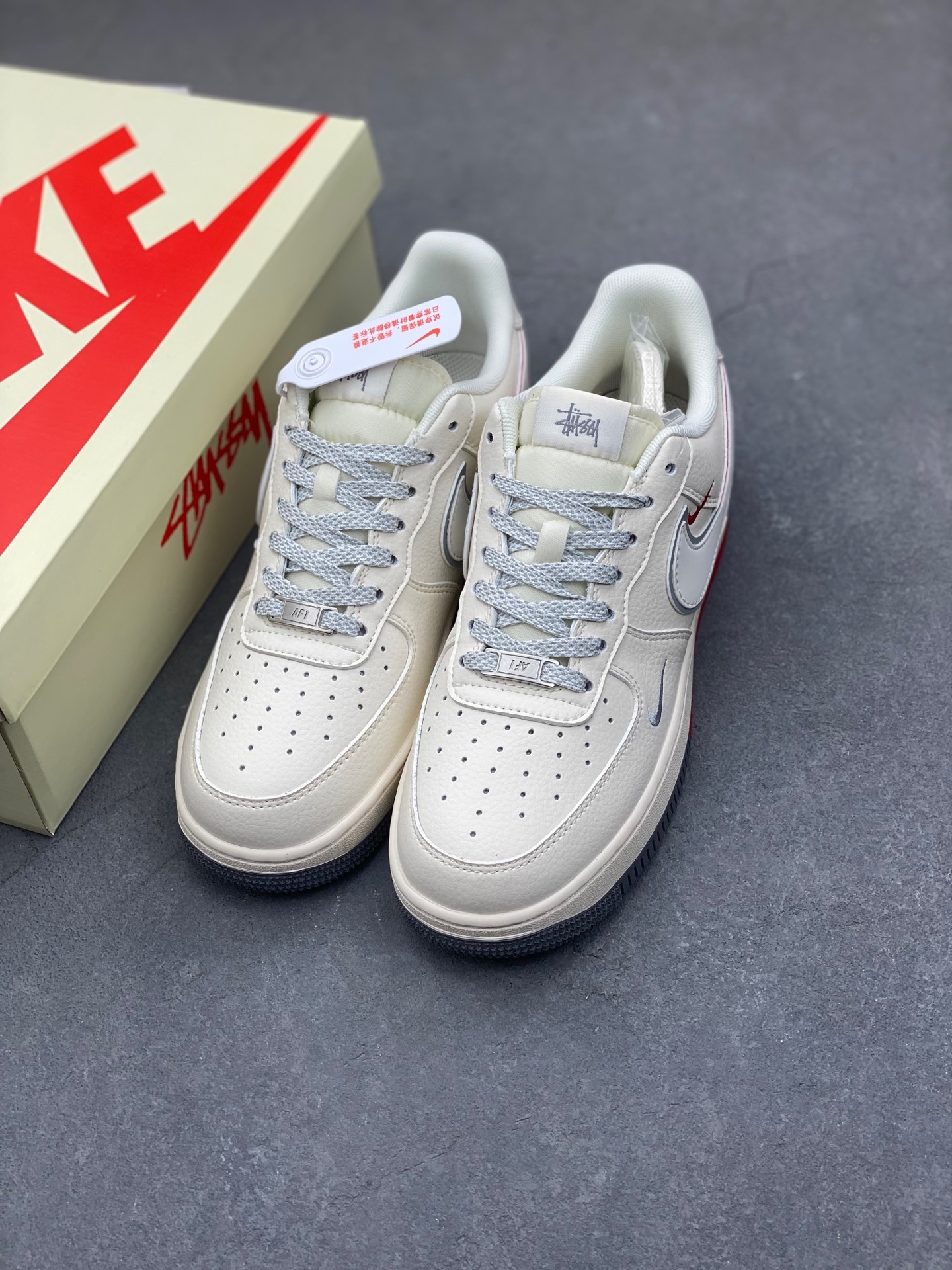 Nike Air Force 1 '07 Low Stussy Collab Sneakers - Cream/Grey/Red 9 i1736368375298 6775 0 7