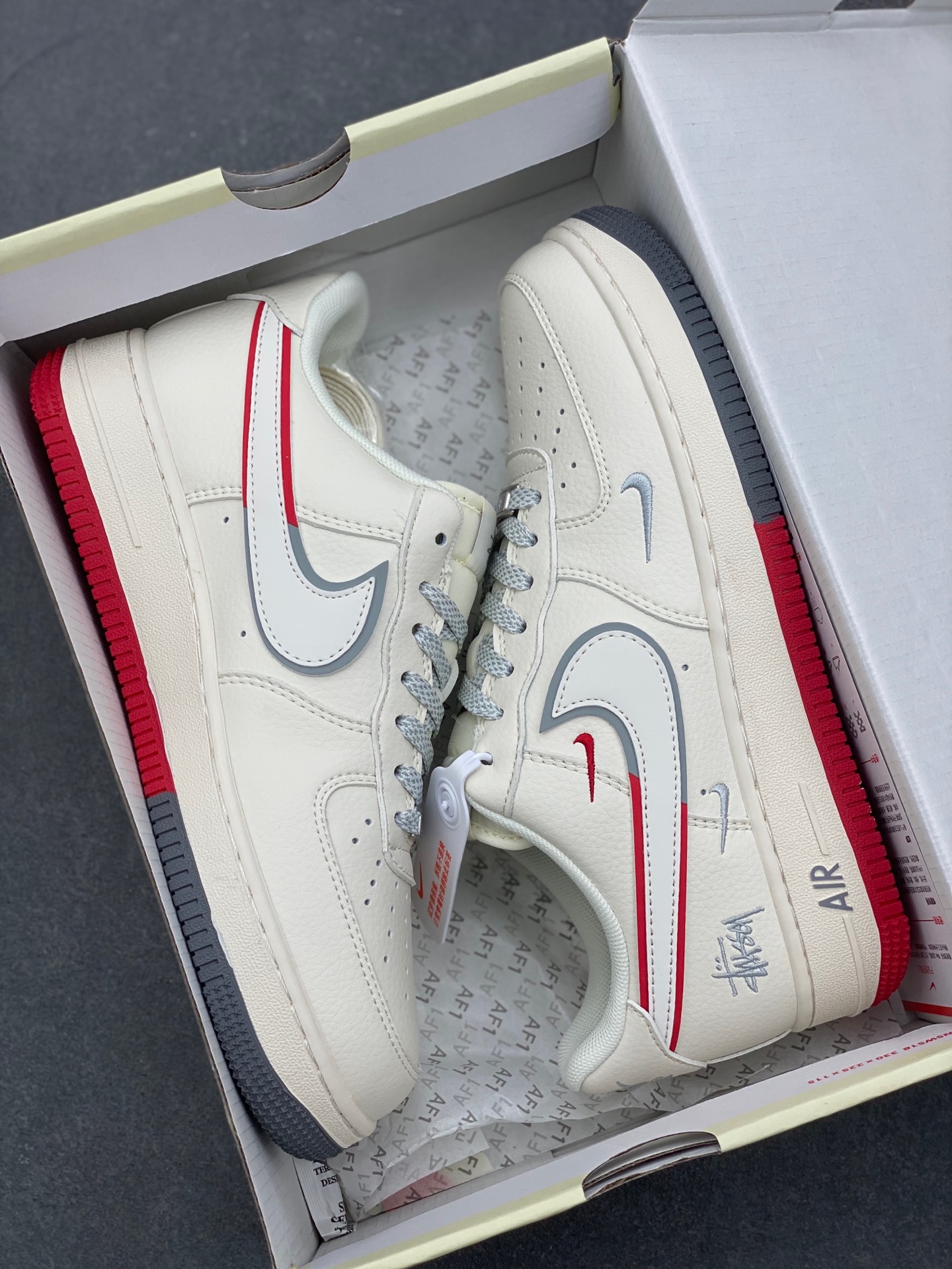 Nike Air Force 1 '07 Low Stussy Collab Sneakers - Cream/Grey/Red 10 i1736368375298 6942 0 8