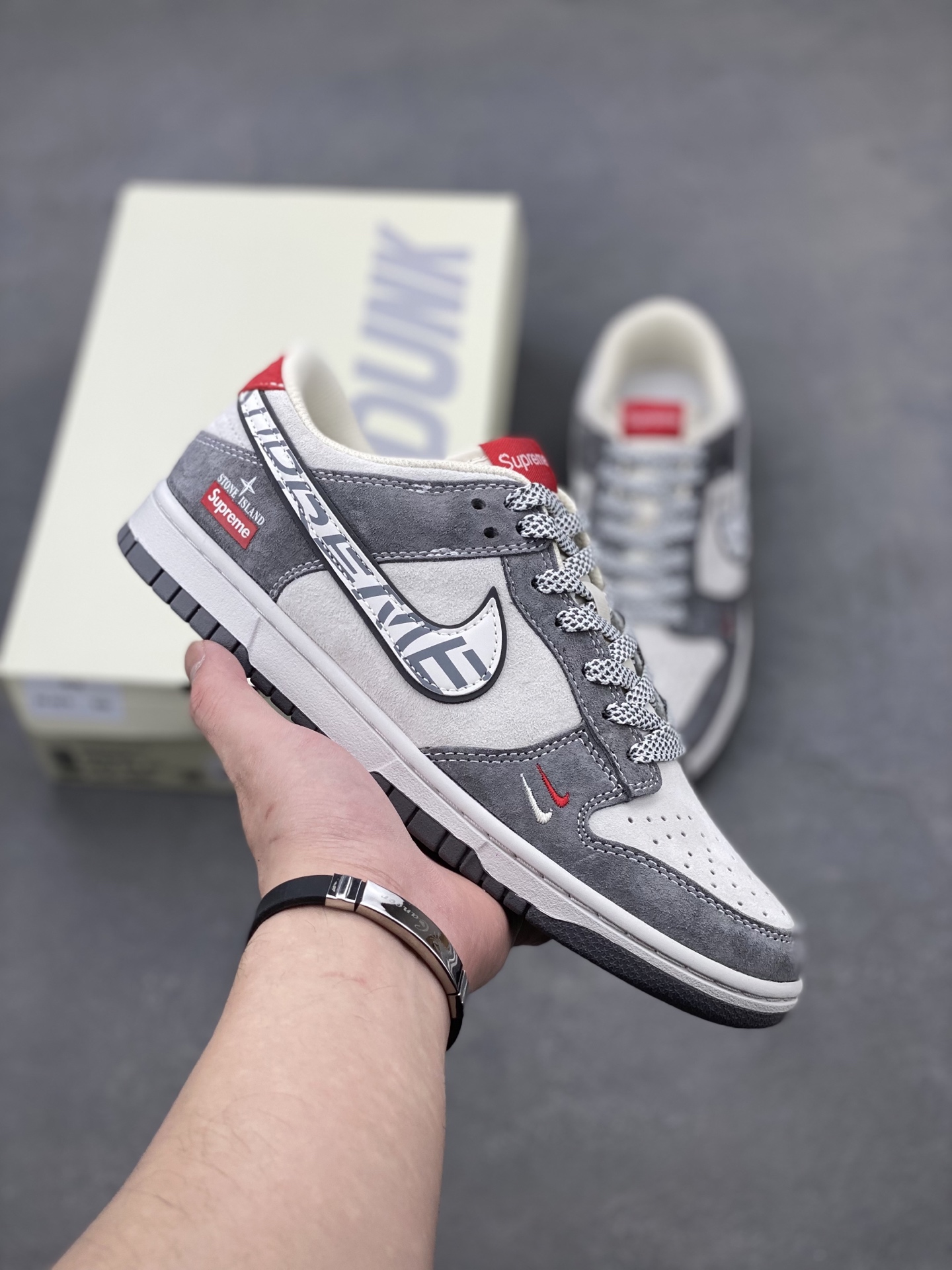 Nike SB Dunk Low x Stone Island x Supreme Grey Red Sneakers 2 i1739655676873 8852 0 0