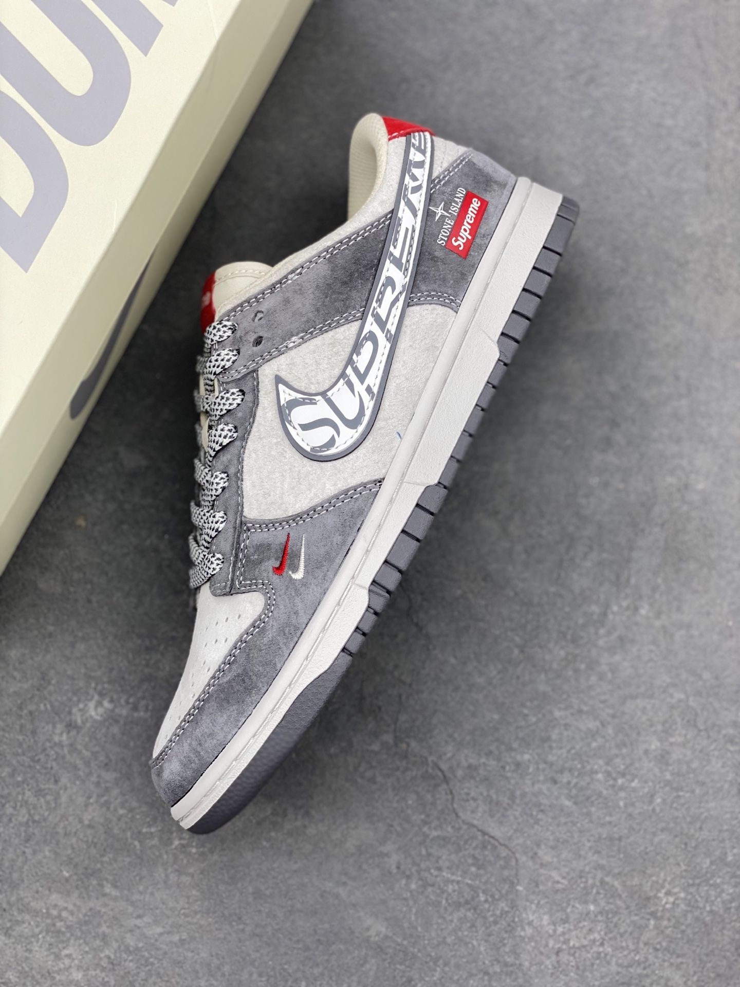 Nike SB Dunk Low x Stone Island x Supreme Grey Red Sneakers 8 i1739655727375 268 0 6