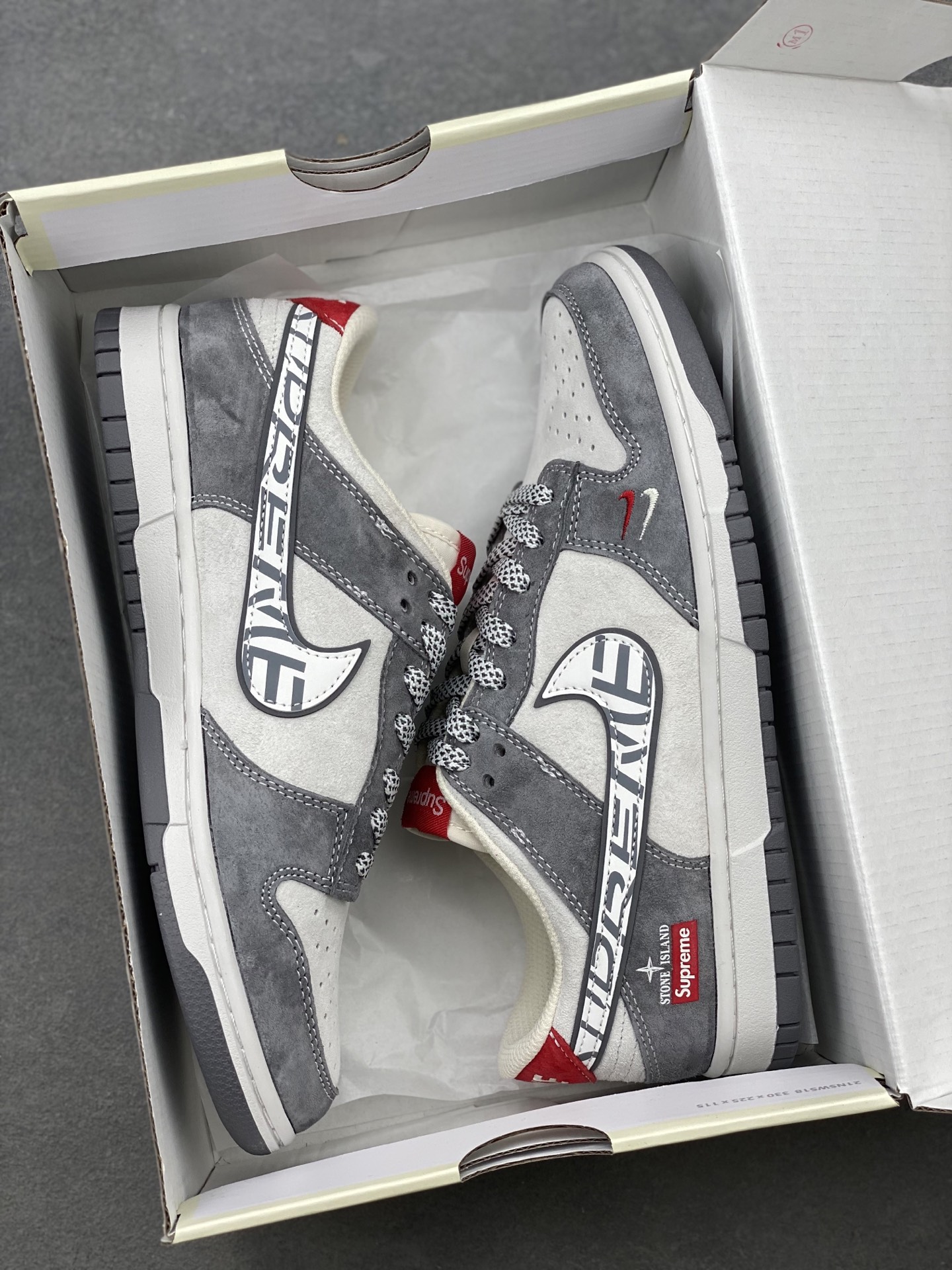 Nike SB Dunk Low x Stone Island x Supreme Grey Red Sneakers 10 i1739655727527 6677 0 8
