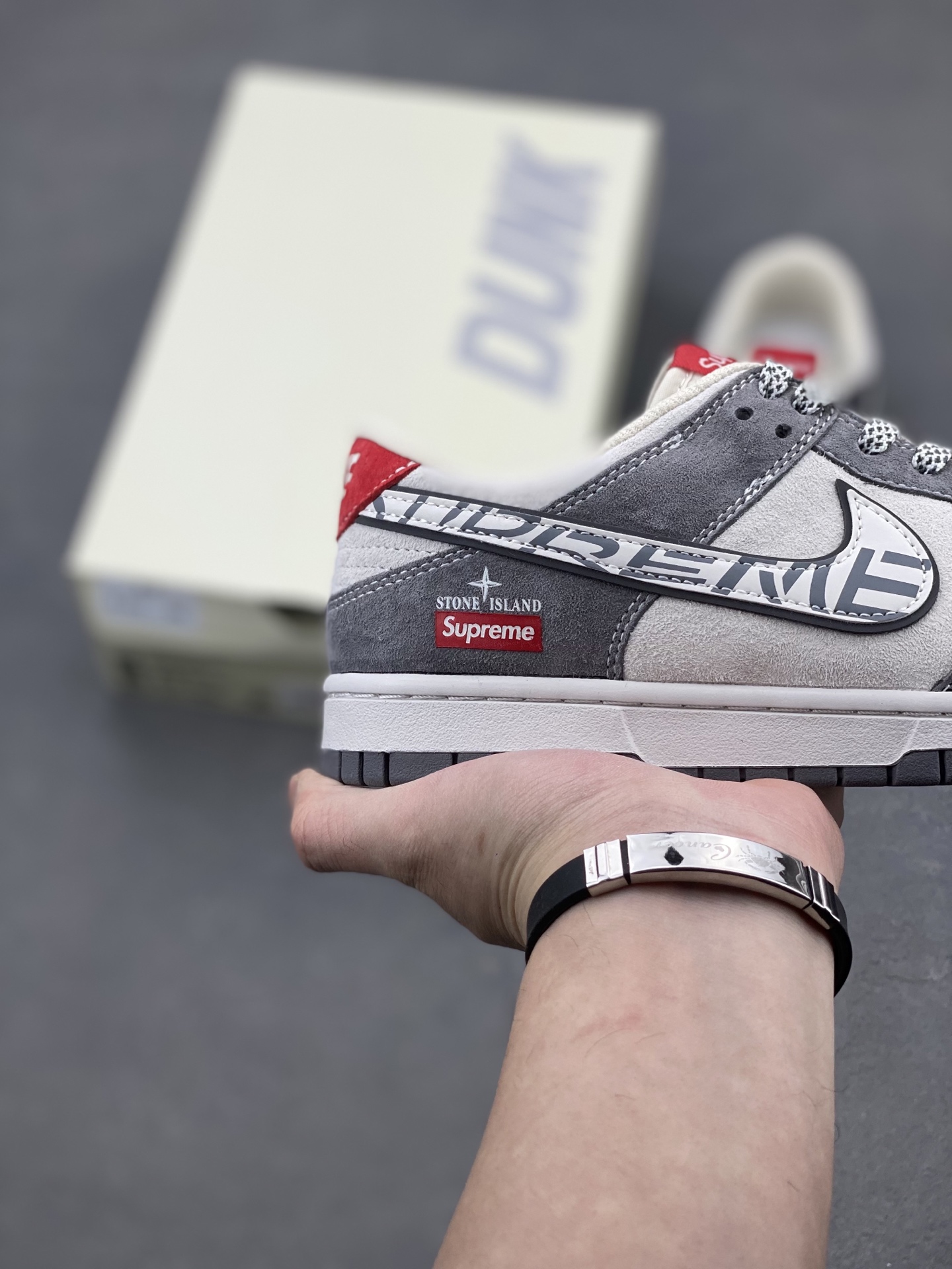 Nike SB Dunk Low x Stone Island x Supreme Grey Red Sneakers 6 i1739655734507 7637 0 4