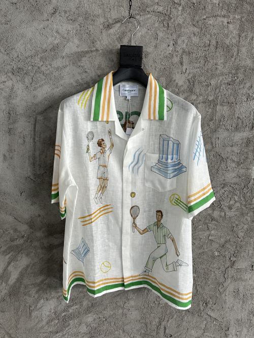 Camisa Casablanca de Lino con Diseño de Cancha de Tenis, Manga Corta 1 Camisa Casablanca de Lino con Diseño de Cancha de Tenis, Manga Corta