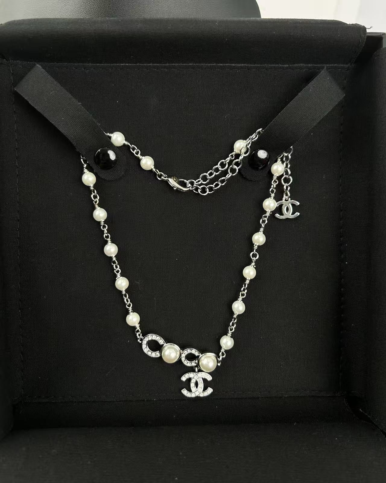 CHANEL Necklace Pearl Silver Double C Pendant
