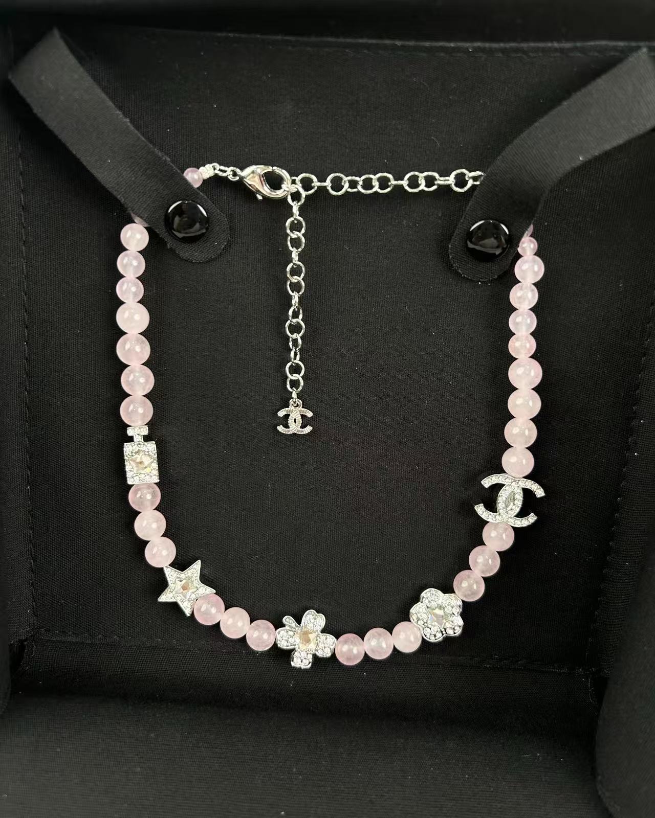CHANEL Pink Crystal Bead Collarbone Chain Necklace