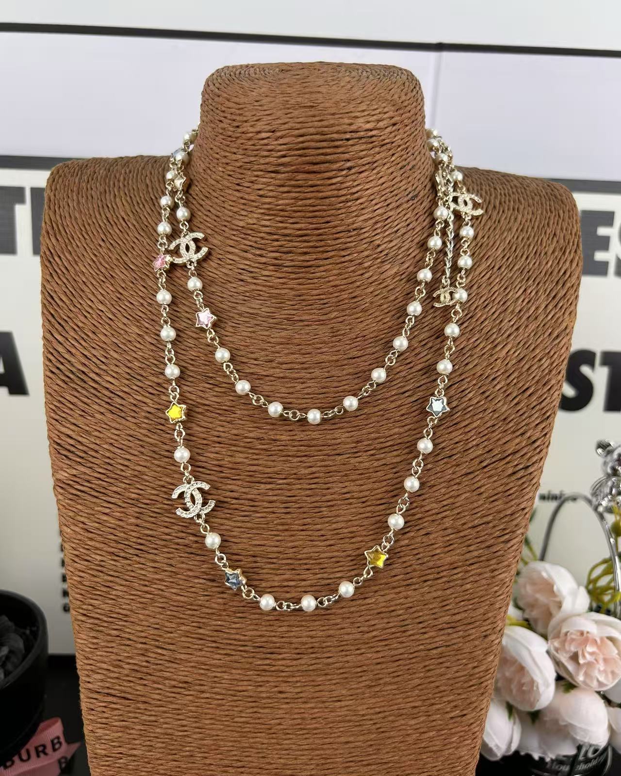 NO:359185,Xiaoxiang new style five-pointed star colored diamond pearl necklace sweater chain, Chanel necklace, chanel, sweaters, necklace19860909小香新款 五角星彩钻珍珠 项链毛衣链,香奈儿项链,chanel,sweaters,necklace,Jewelry