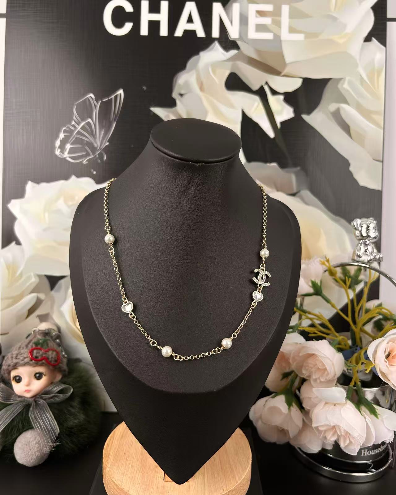 NO:361369,Xiaoxiang new style 25b pearl love chain double c full diamond necklace, Chanel necklace, chanel, necklace19860909小香新款 25b 珍珠爱心 链条双c满钻项链,香奈儿项链,chanel,necklace,Jewelry