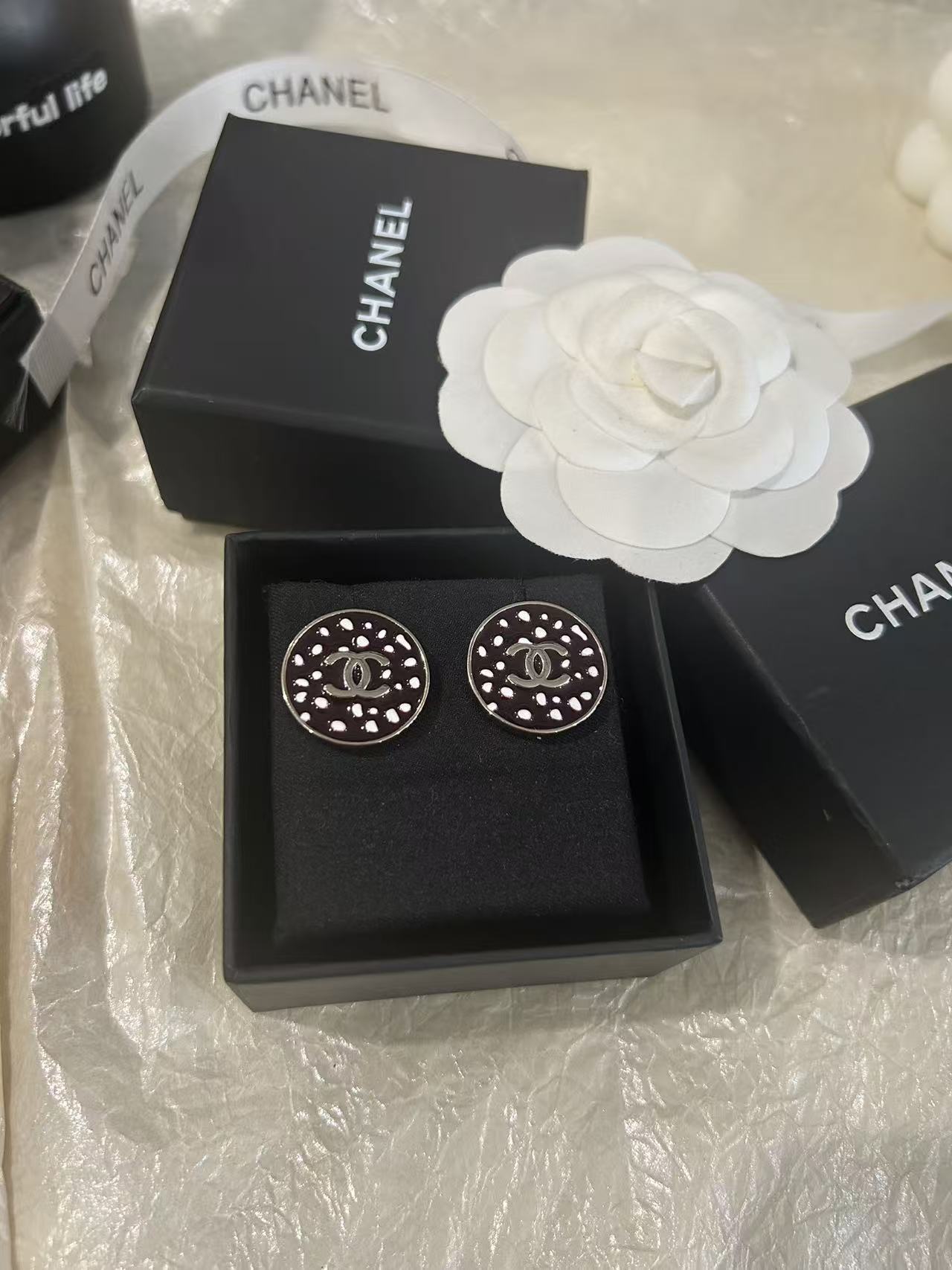 Chanel 26A CC Logo Polka Dot Round Stud Earrings earrings Silver-tone metal with black enamel and white polka dot detailing 1 5cm diameter
