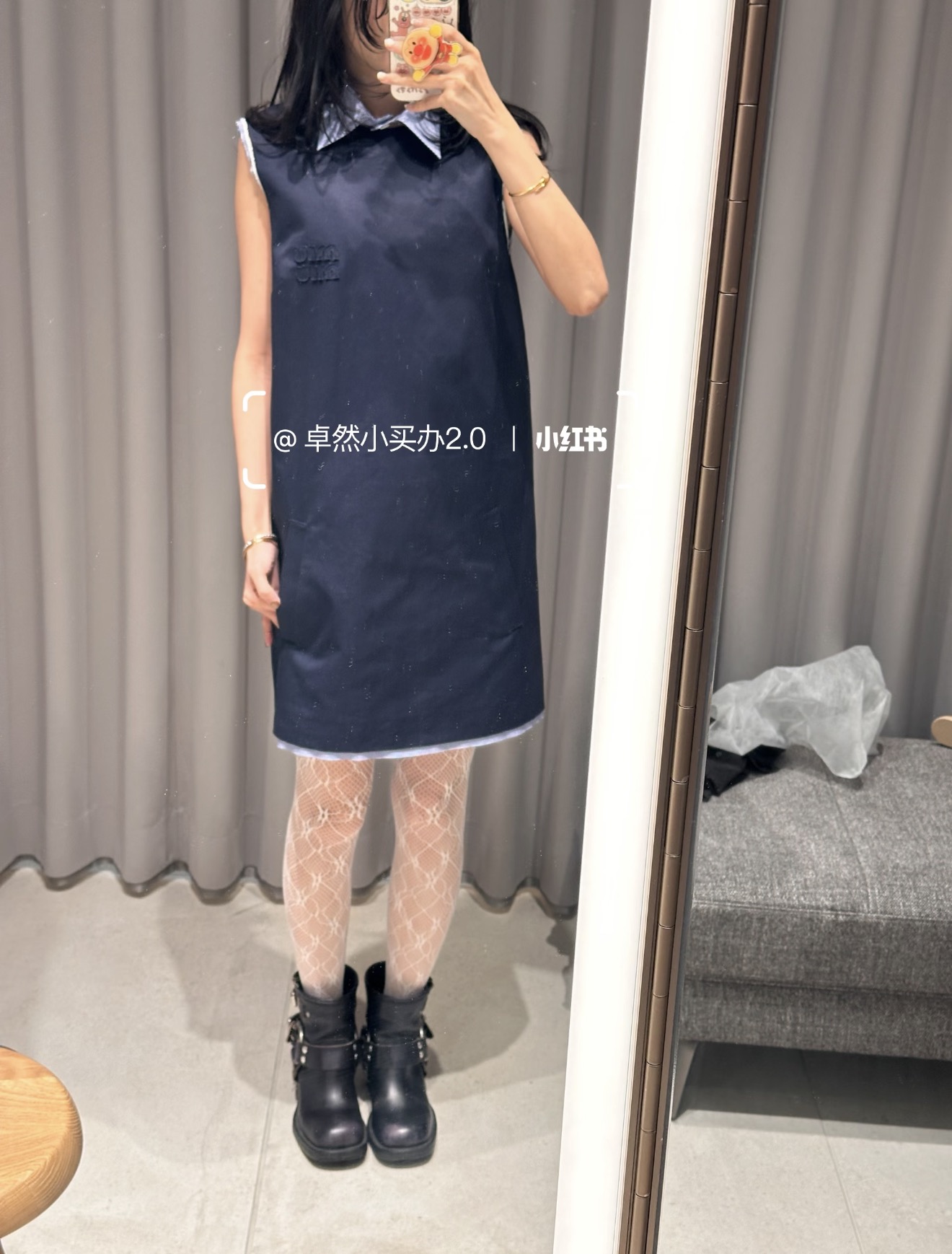 미우미우 여성 2026SS 블루 네이비 자수 체크 반팔 셔츠 원피스 레플리카 41637 Miu Miu Women Dress