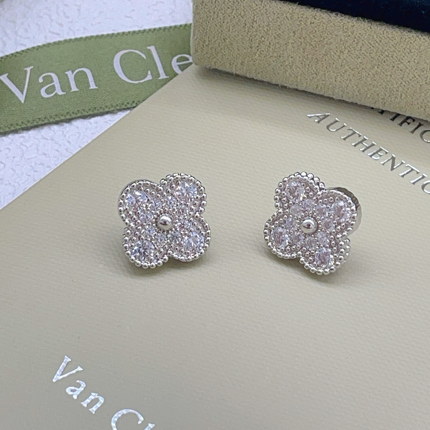 Van Cleef Arpels Alhambra earrings silver-toned white gold with clear diamond pave 9 5mm stud diameter
