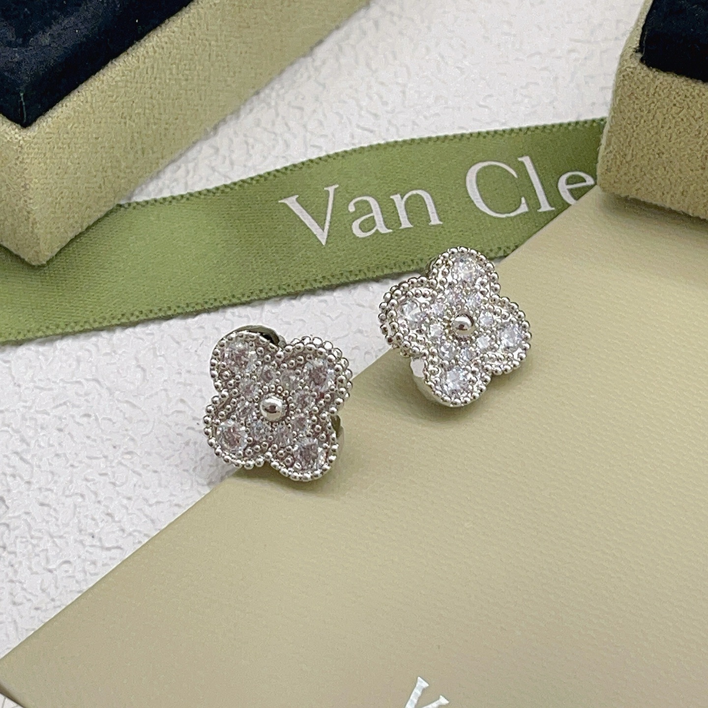 Van Cleef Arpels Alhambra earrings silver-toned white gold with clear diamond pave 9 5mm stud diameter