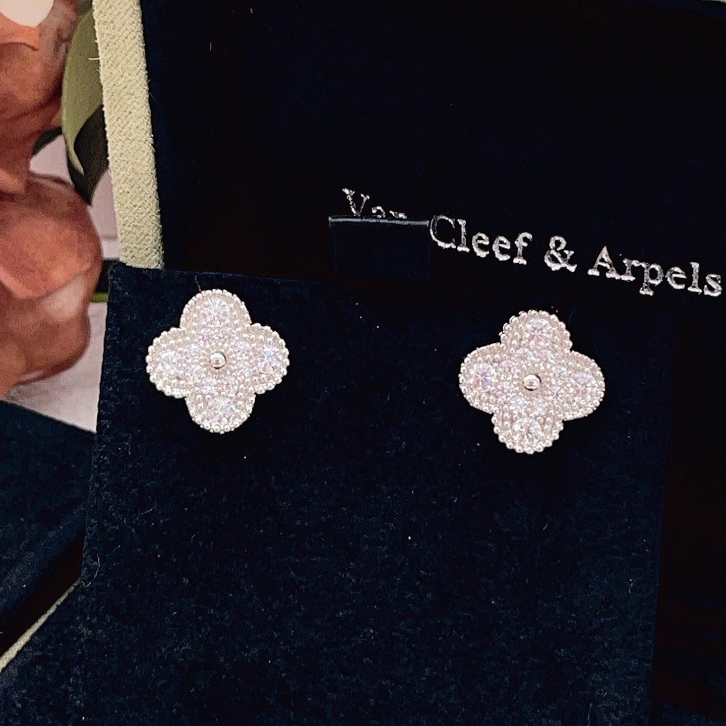 Van Cleef Arpels Alhambra earrings silver-toned white gold with clear diamond pave 9 5mm stud diameter