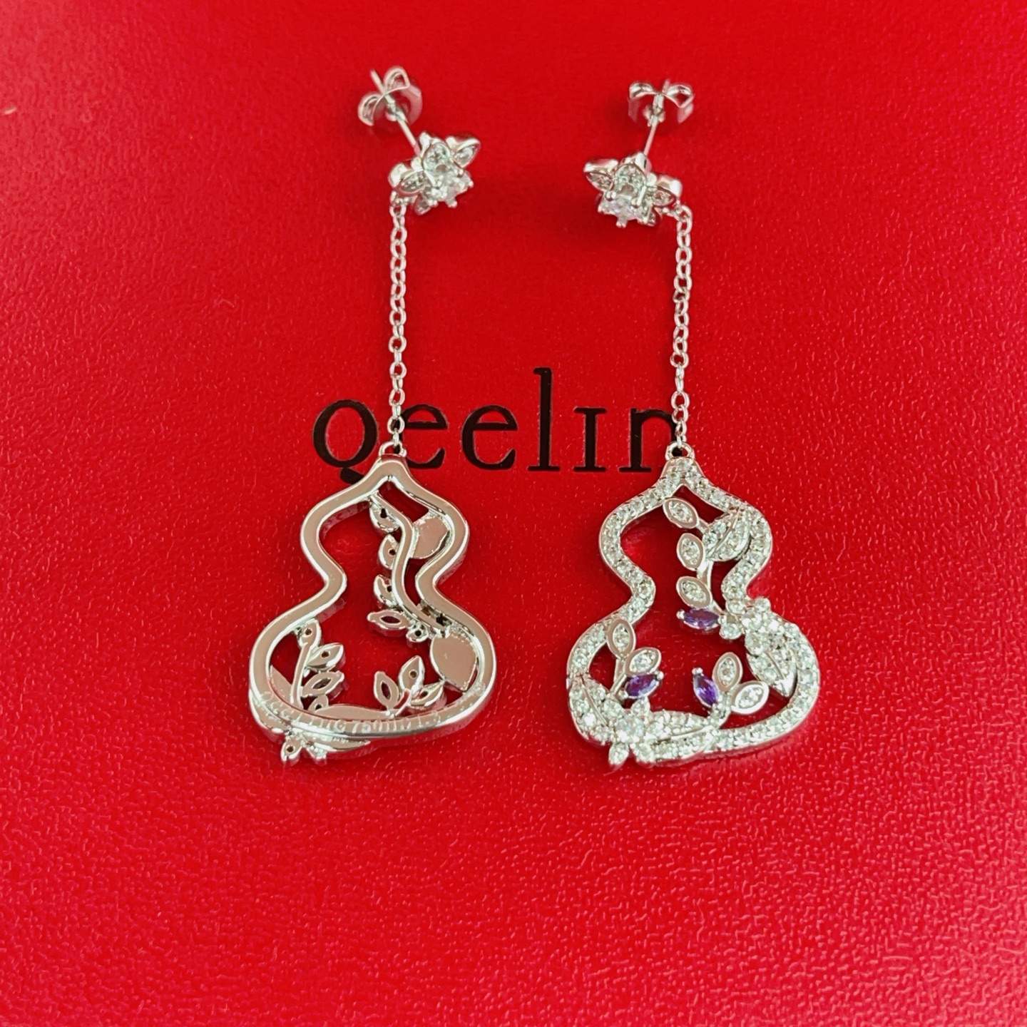 Qeelin Wulu earrings silver-toned white gold with clear diamonds and purple gemstones 4cm drop length