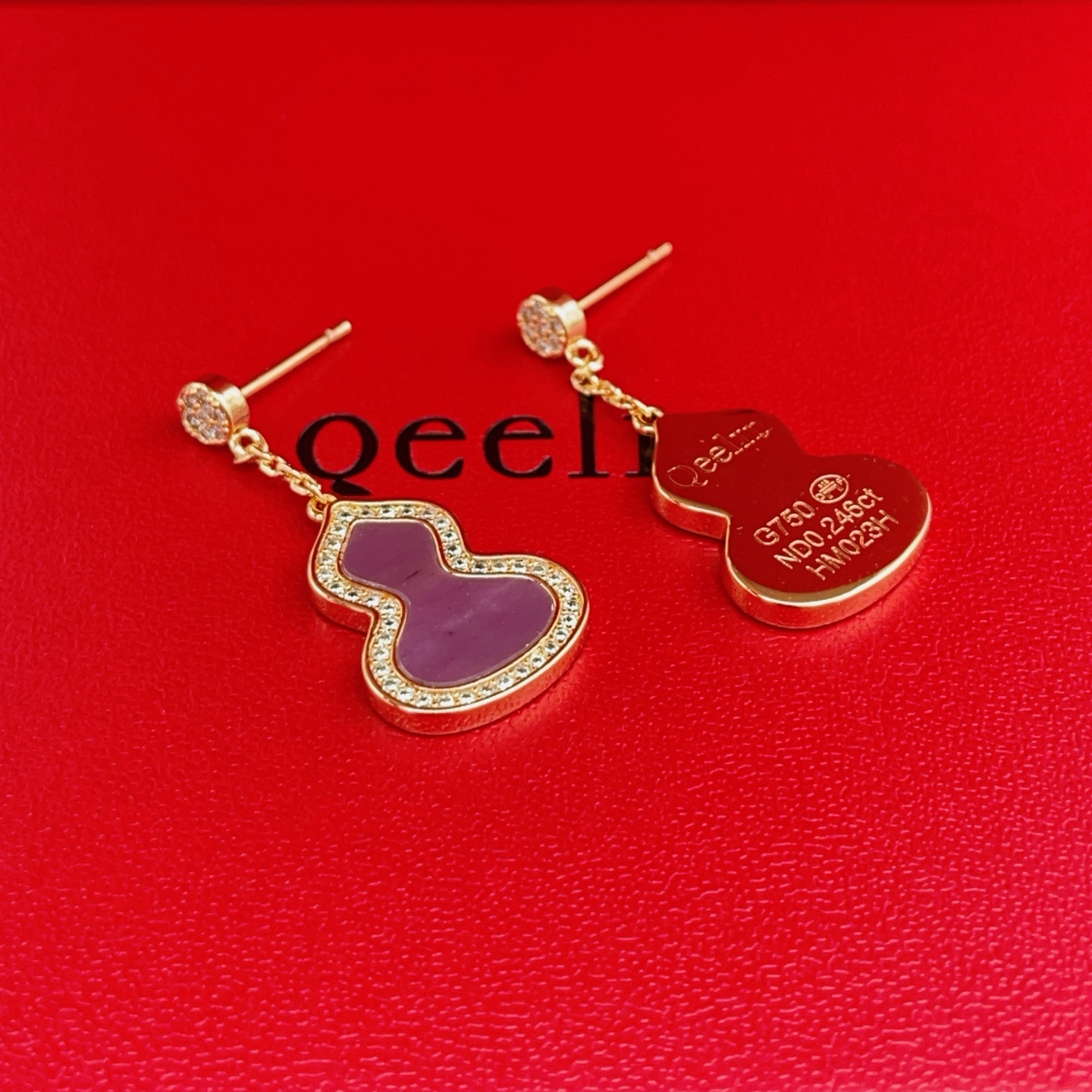 Qeelin Wulu earrings 18K rose gold purple gemstone clear diamond accents 2 5cm drop length