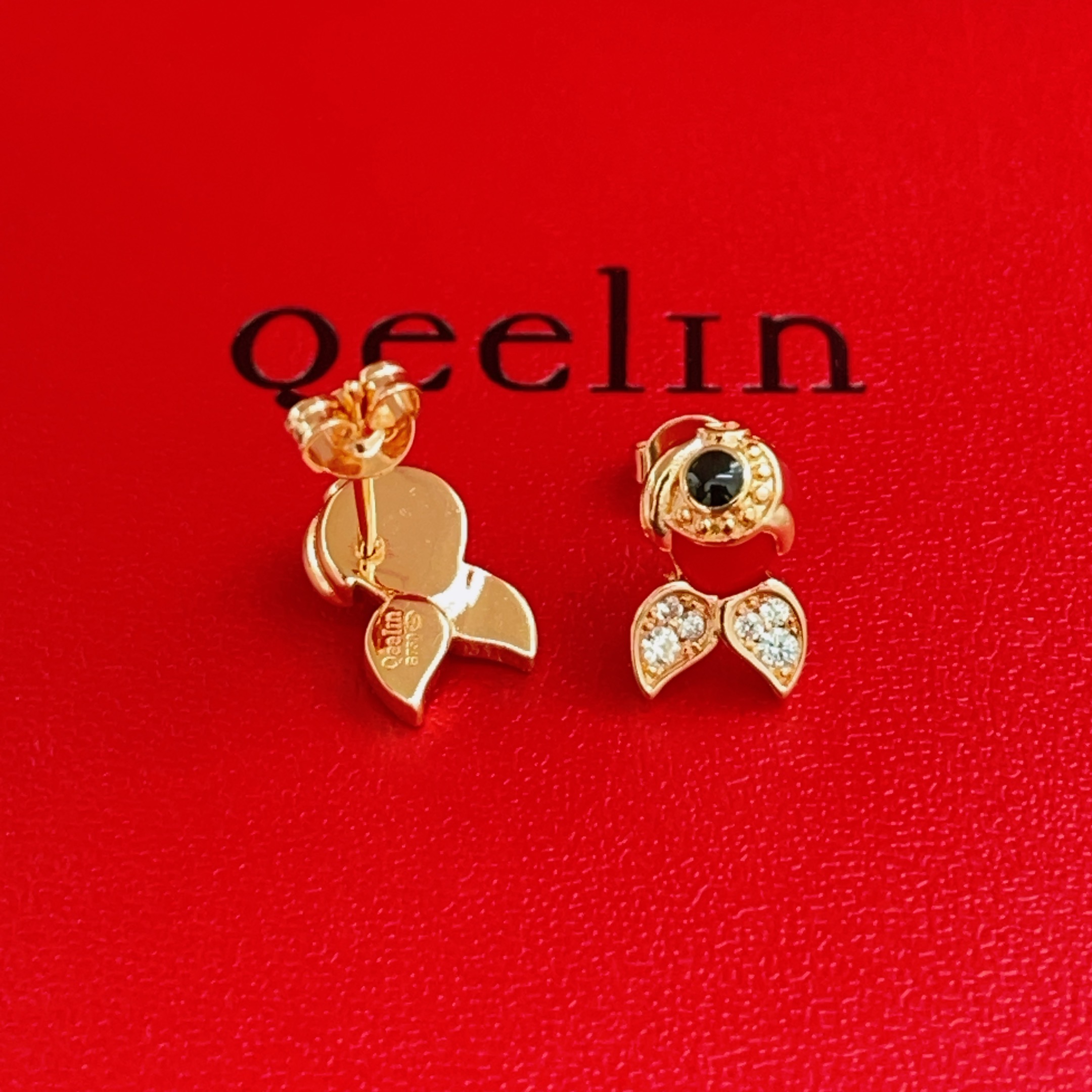 Qeelin Qin Qin Goldfish earrings 18K rose gold red enamel black onyx clear diamond One Size