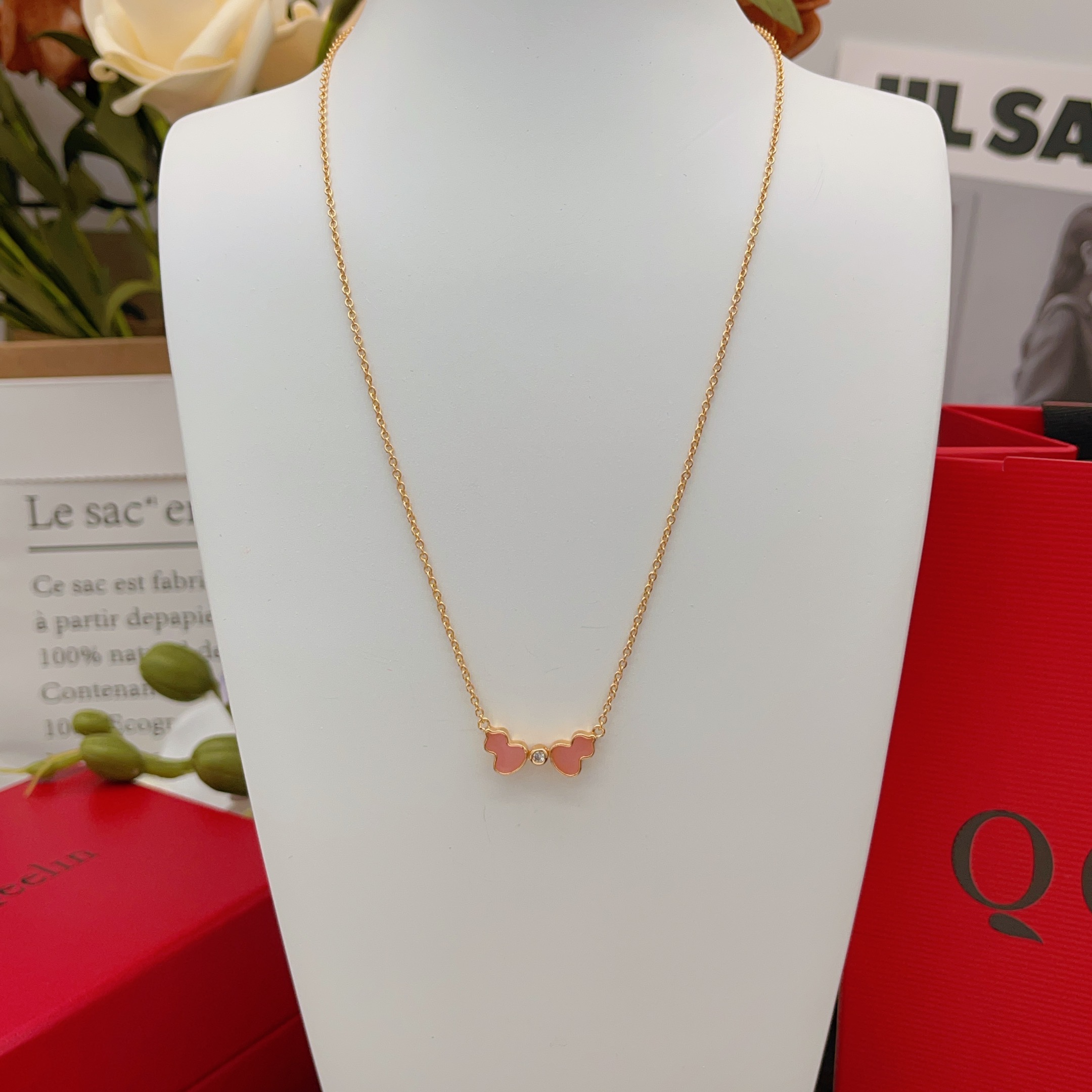 Qeelin Wulu necklace rose gold metal pink opal inlay clear diamond accent 42cm