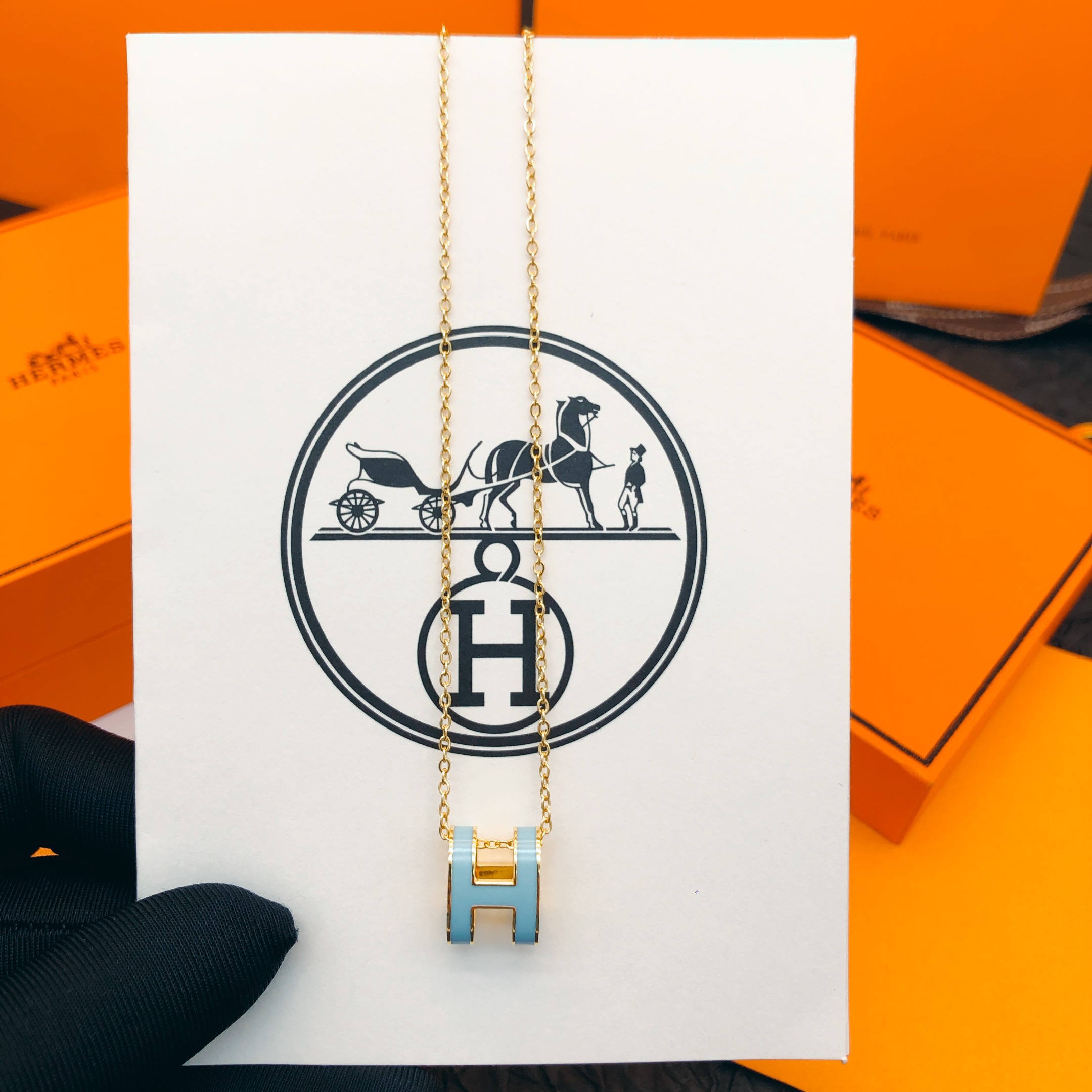 Hermès He@mes爱马仕浅蓝色珐琅金色大号项链只能用无敌形容