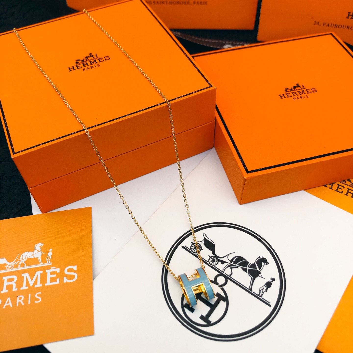Hermès He@mes爱马仕浅蓝色珐琅金色大号项链只能用无敌形容