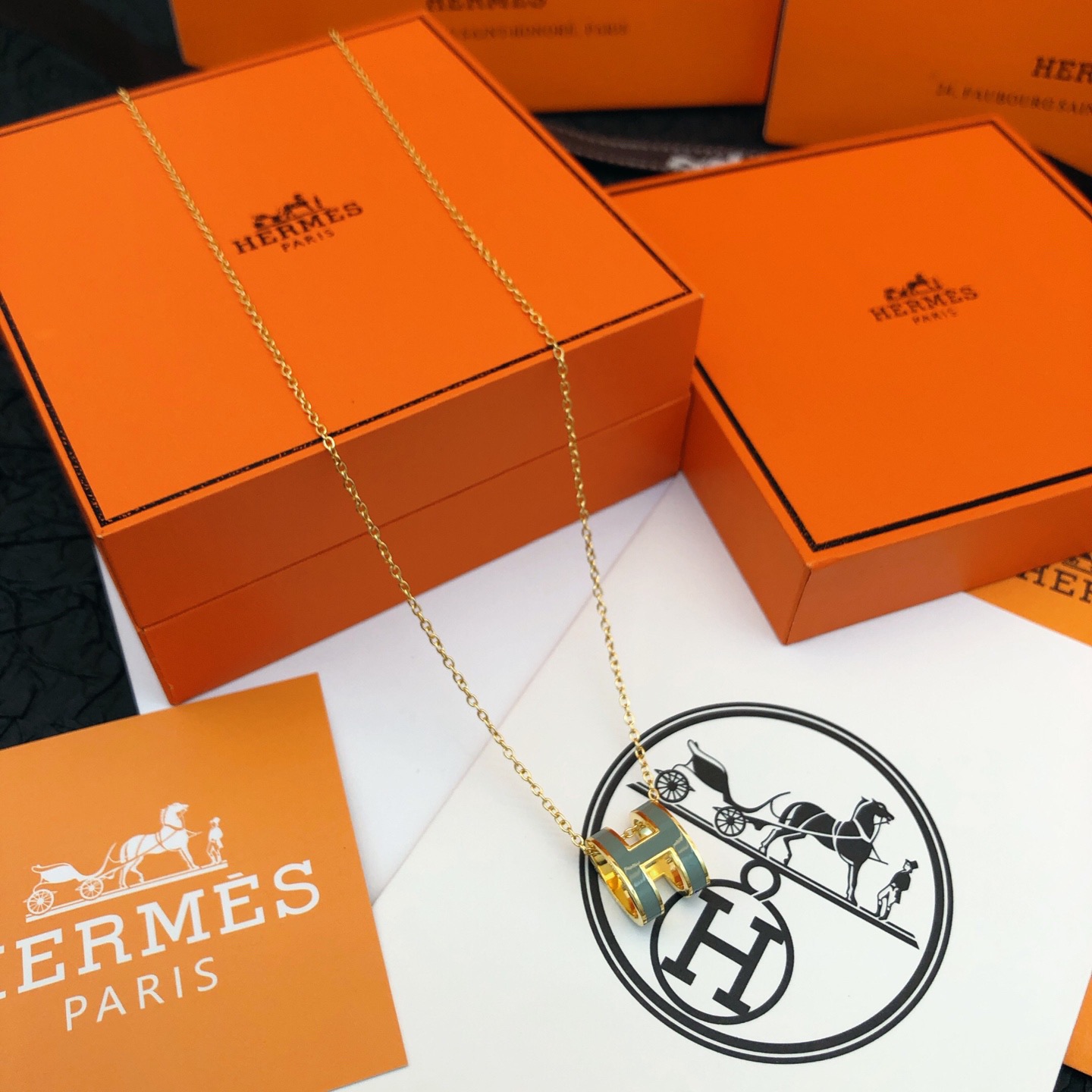Hermès He@mes爱马仕蓝色珐琅金色大号项链只能用无敌形容