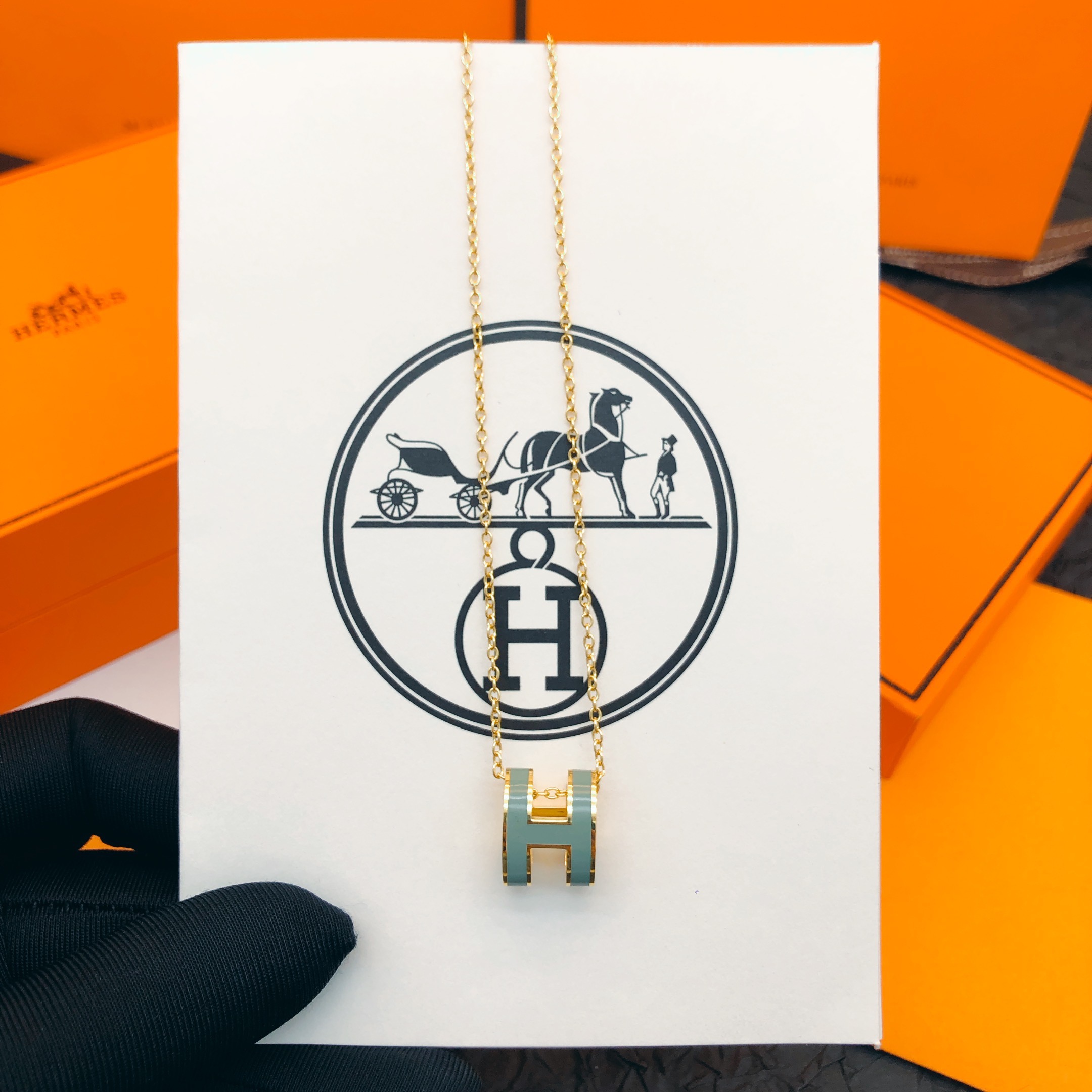 Hermès He@mes爱马仕蓝色珐琅金色大号项链只能用无敌形容