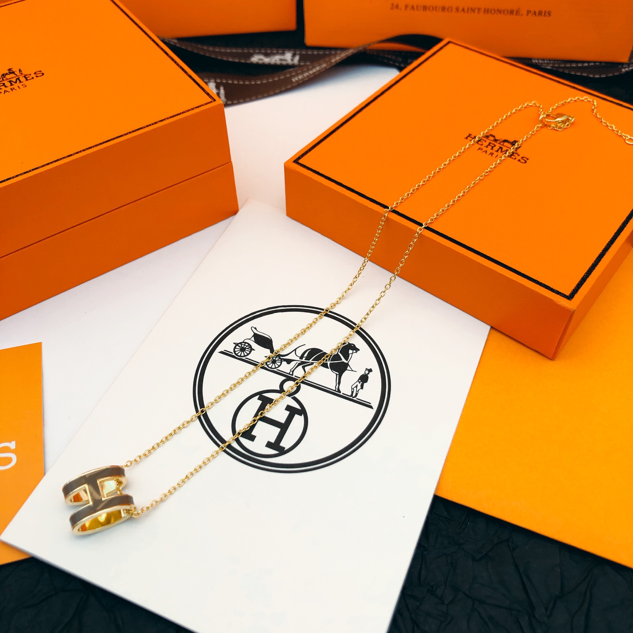 Hermès He@mes爱马仕棕色珐琅金色大号项链只能用无敌形容