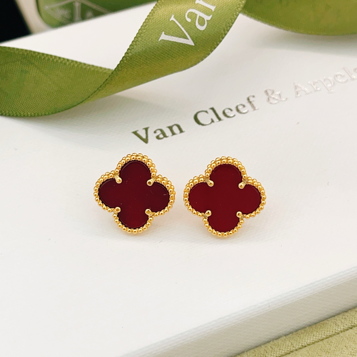Van Cleef Arpels Alhambra earrings yellow gold metal with carnelian red stone 15mm diameter