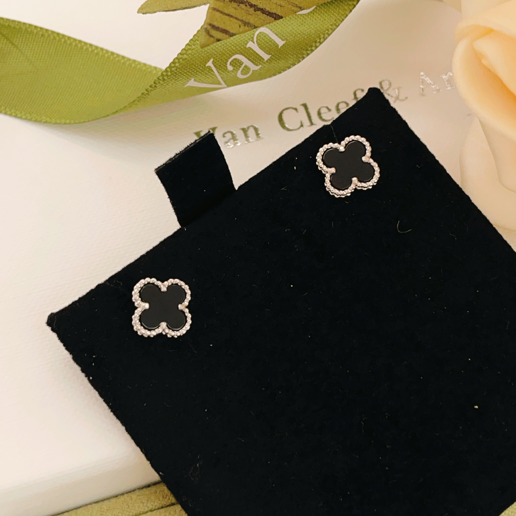 Van Cleef Arpels Sweet Alhambra earrings white gold metal with black onyx inlay 9 5mm motif diameter