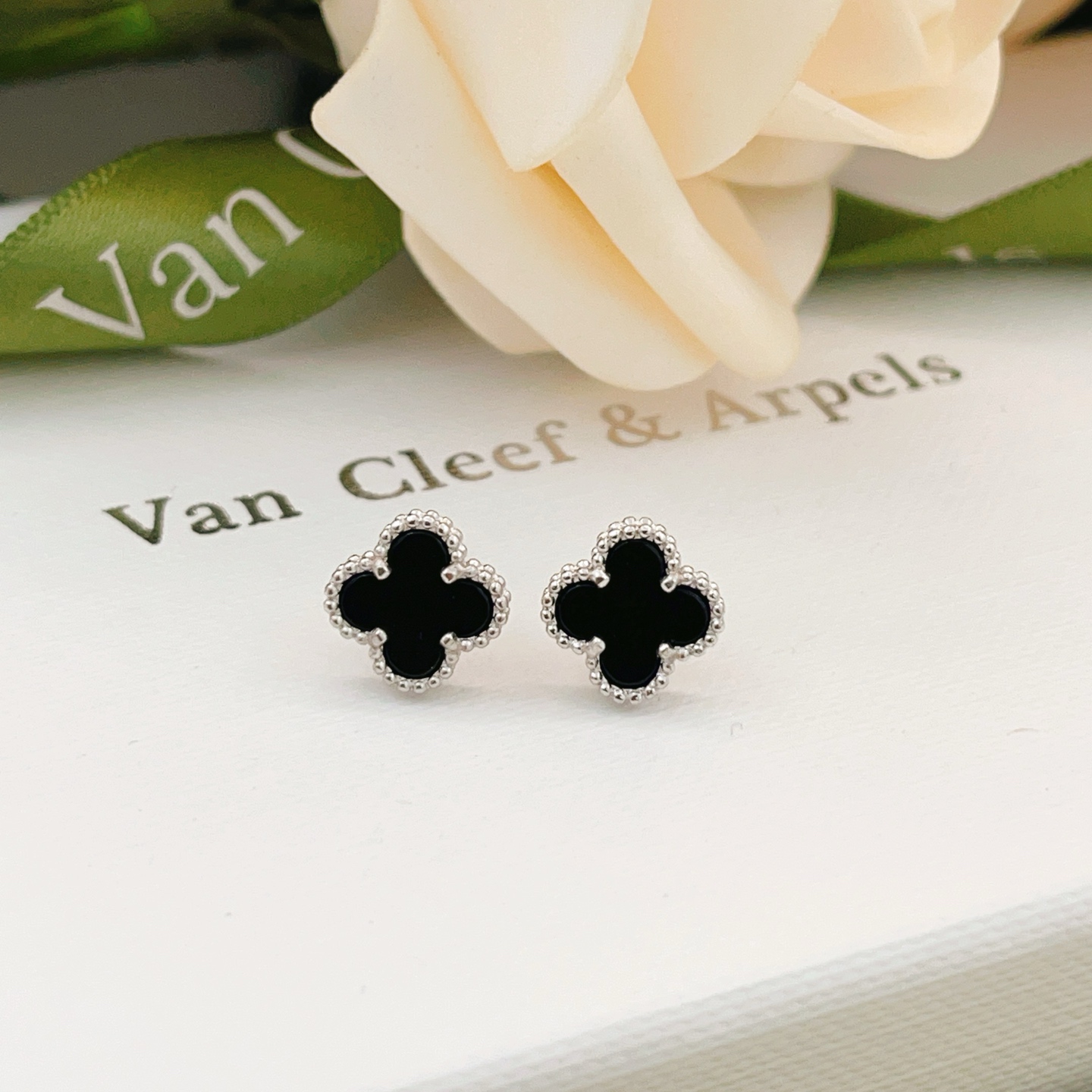 Van Cleef Arpels Sweet Alhambra earrings white gold metal with black onyx inlay 9 5mm motif diameter