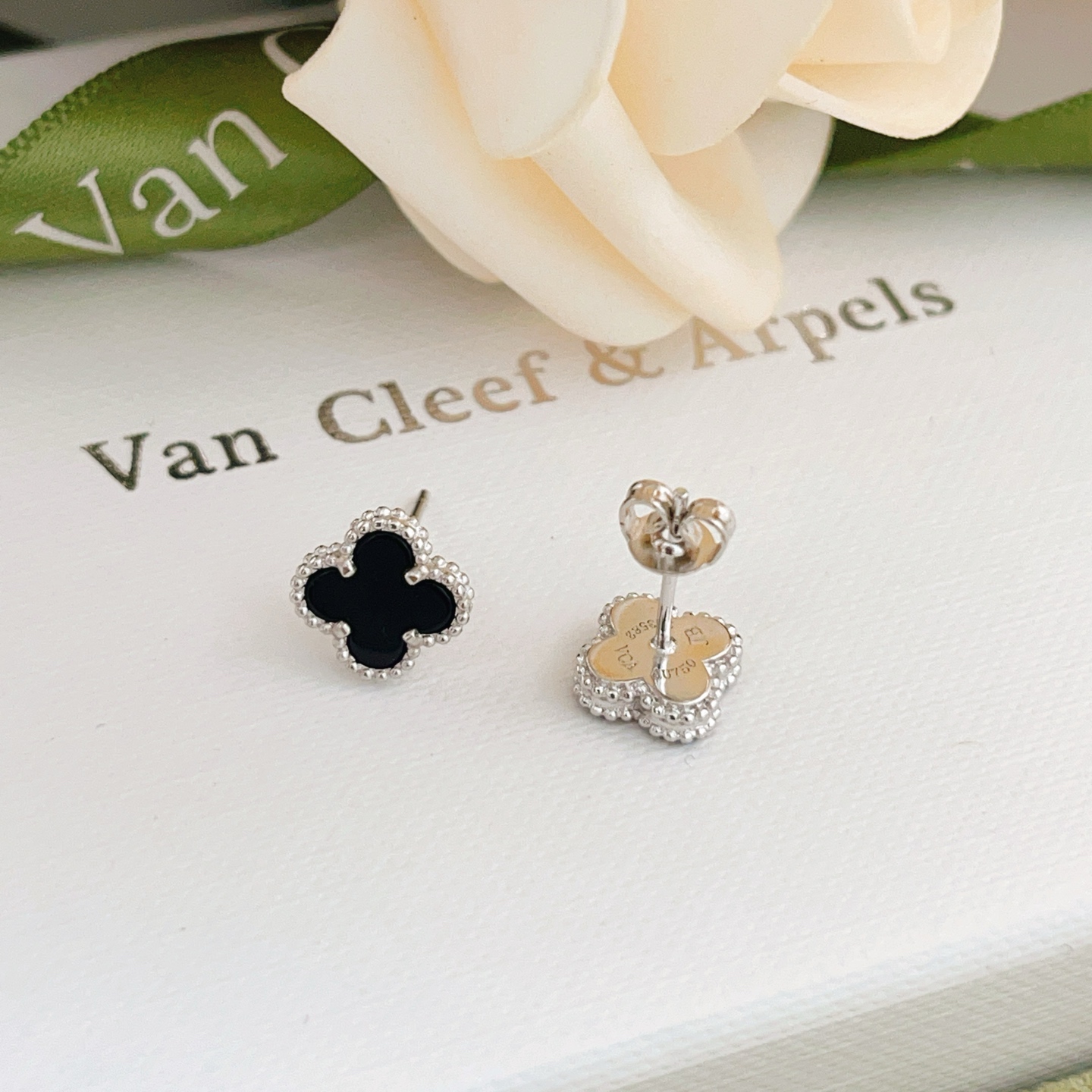 Van Cleef Arpels Sweet Alhambra earrings white gold metal with black onyx inlay 9 5mm motif diameter