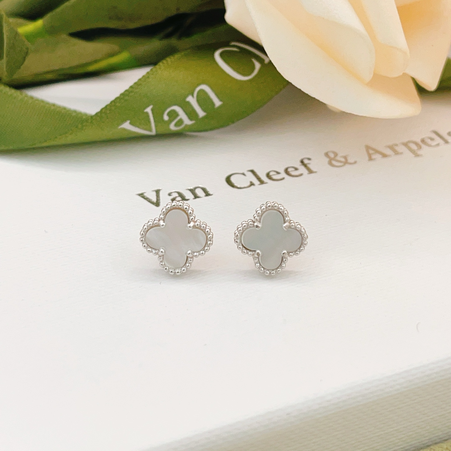 Van Cleef Arpels Sweet Alhambra earrings white gold metal white mother-of-pearl stone 9mm motif diameter