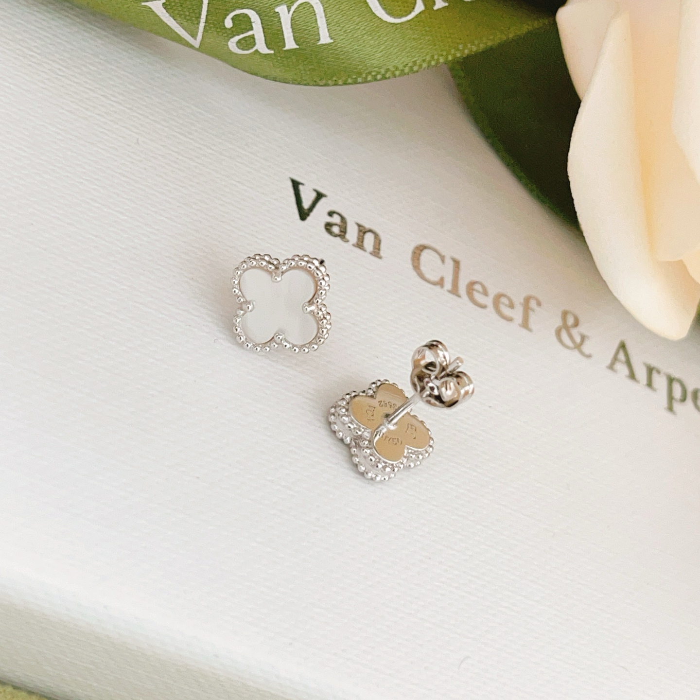 Van Cleef Arpels Sweet Alhambra earrings white gold metal white mother-of-pearl stone 9mm motif diameter