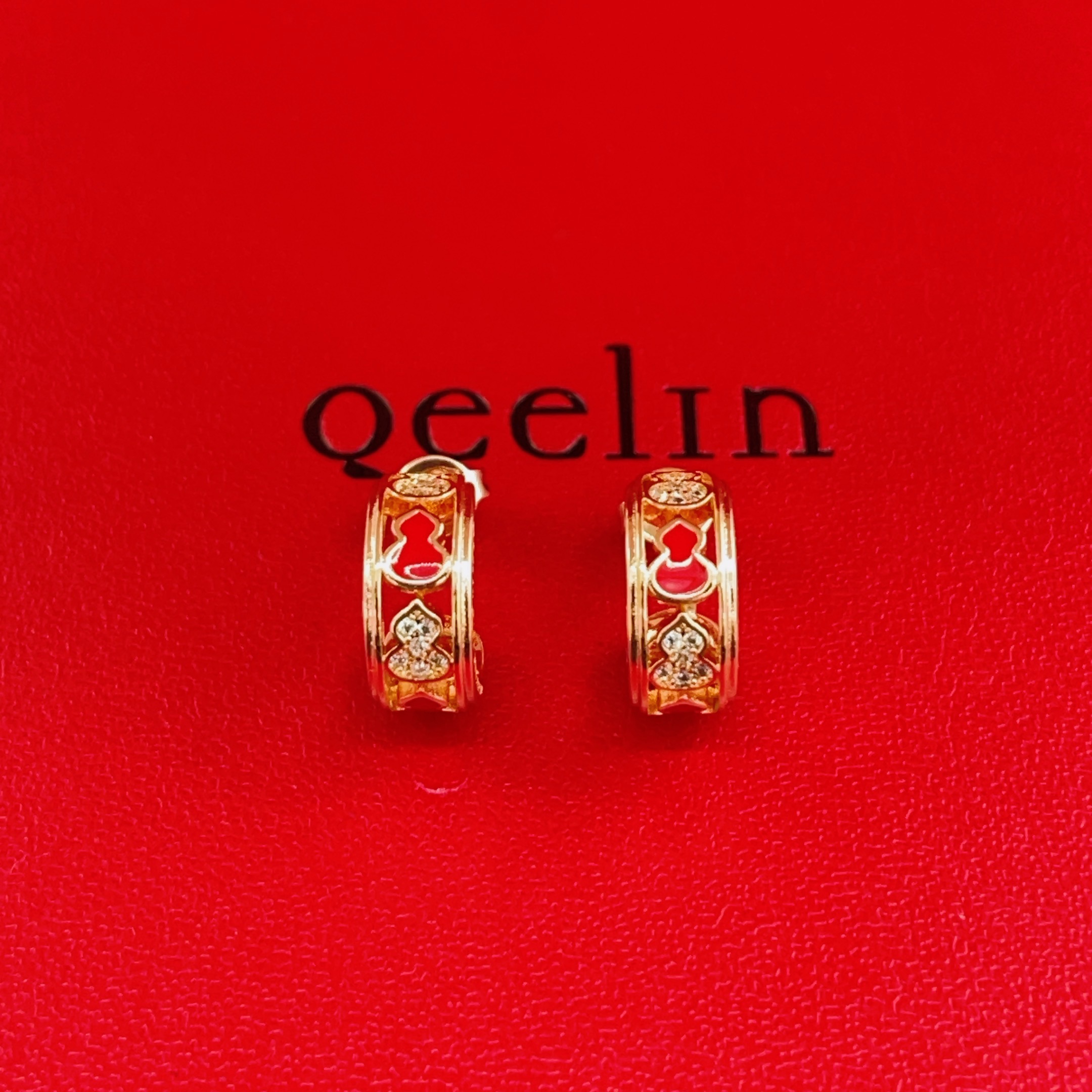 Qeelin Wulu earrings 18K rose gold with red enamel and clear diamonds 10mm hoop diameter