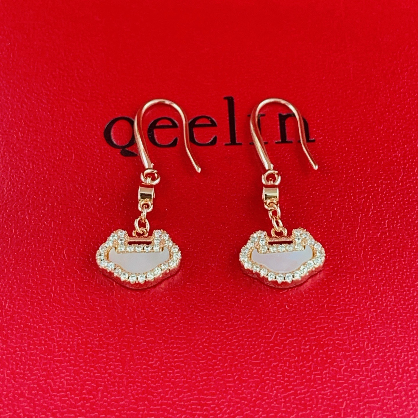 Qeelin Yu Yi earrings 18K rose gold white mother-of-pearl clear diamond accents 2 5cm drop length