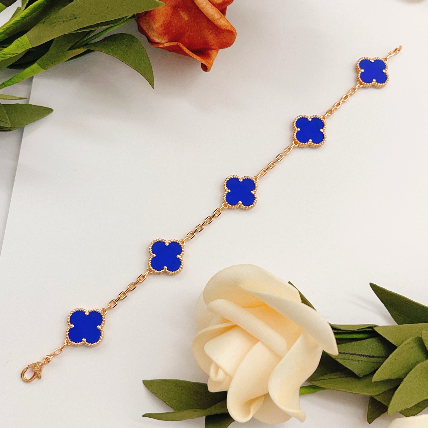 Van Cleef Arpels Vintage Alhambra bracelet Rose gold with blue lapis lazuli clover motifs 18cm