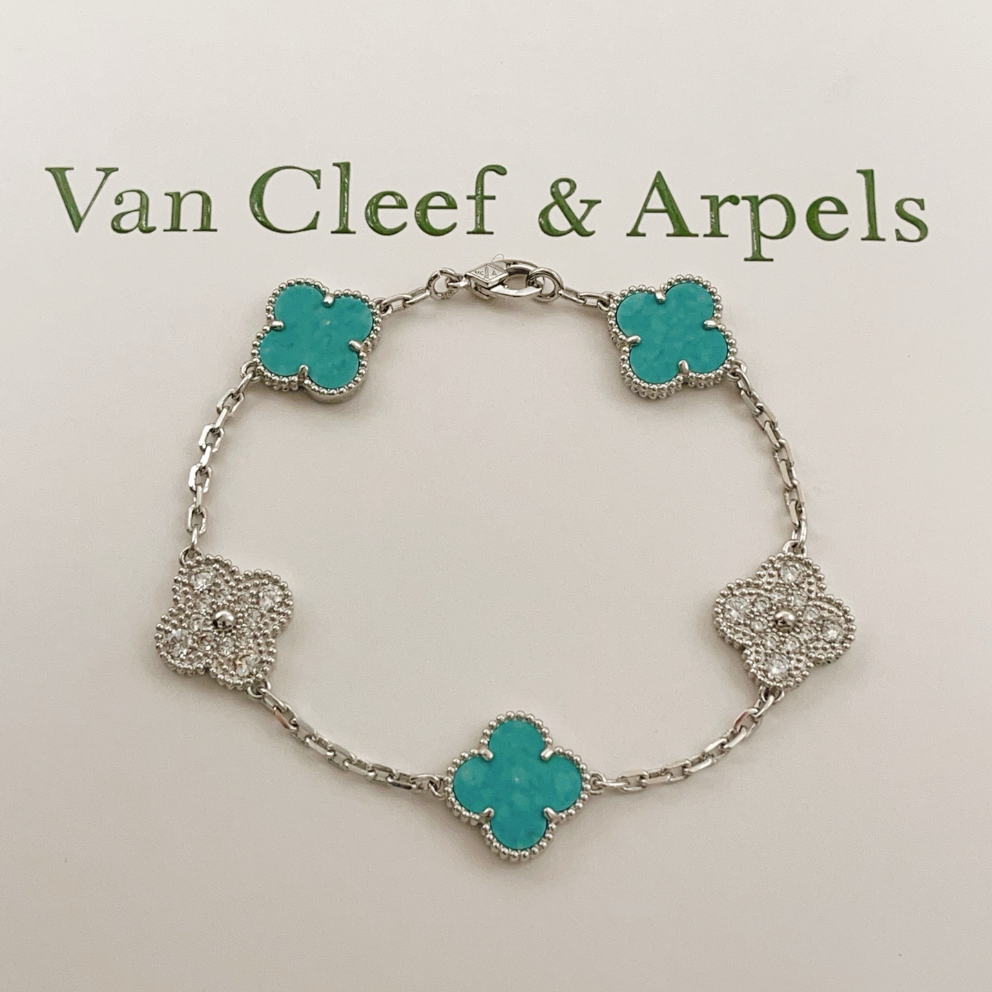 Pulseira Van Cleef Arpels Vintage Alhambra Ouro branco turquesa diamante 17 cm