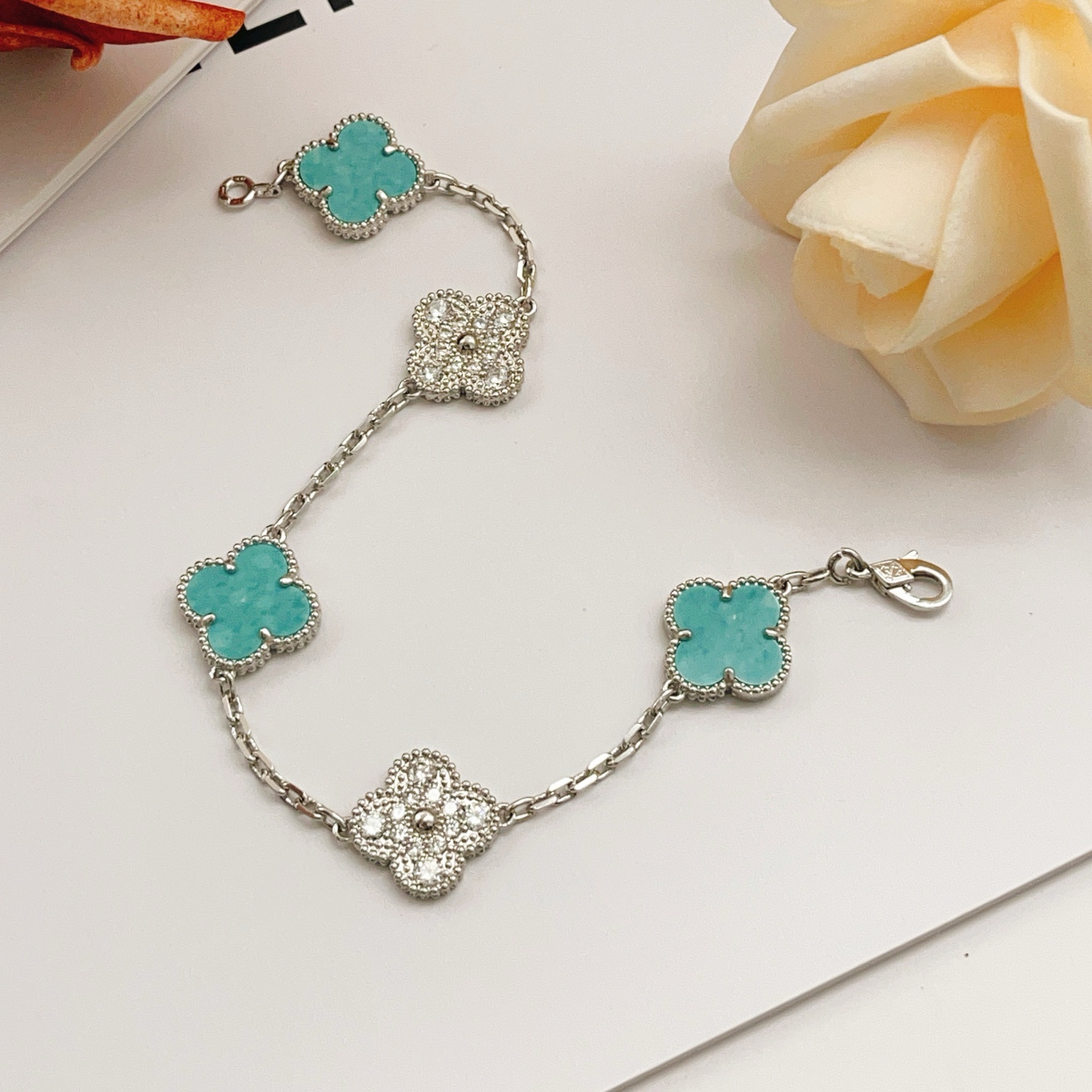 Pulseira Van Cleef Arpels Vintage Alhambra Ouro branco turquesa diamante 17 cm