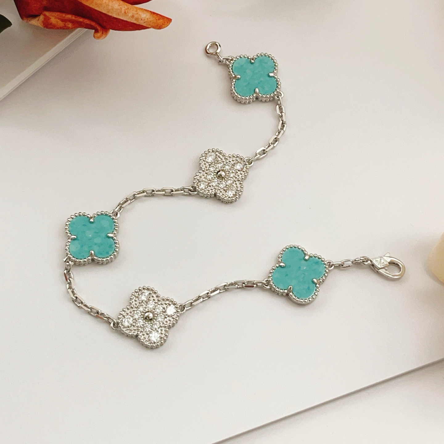 Pulseira Van Cleef Arpels Vintage Alhambra Ouro branco turquesa diamante 17 cm