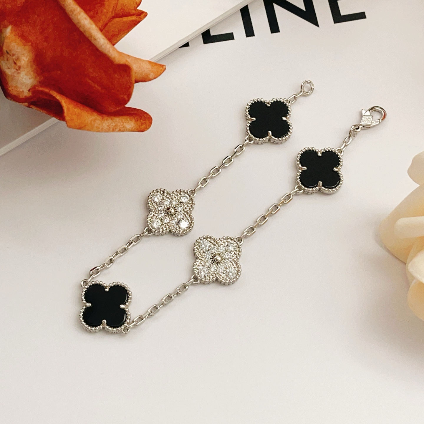 Van Cleef Arpels Alhambra bracelet Silver-toned white gold metal with black onyx and clear diamond accents 19cm
