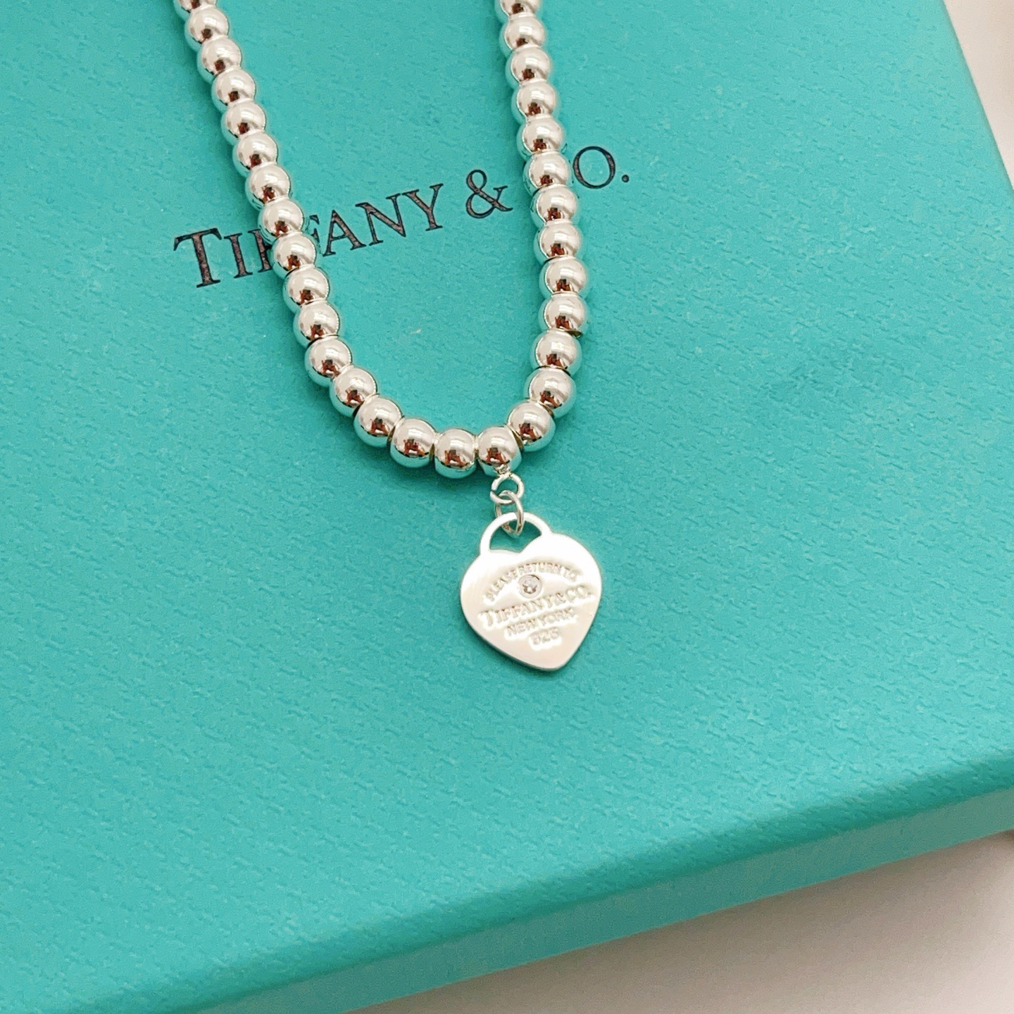 Tiffany Co Return to Tiffany Heart Tag Bead necklace Sterling silver with clear diamond accent 40cm