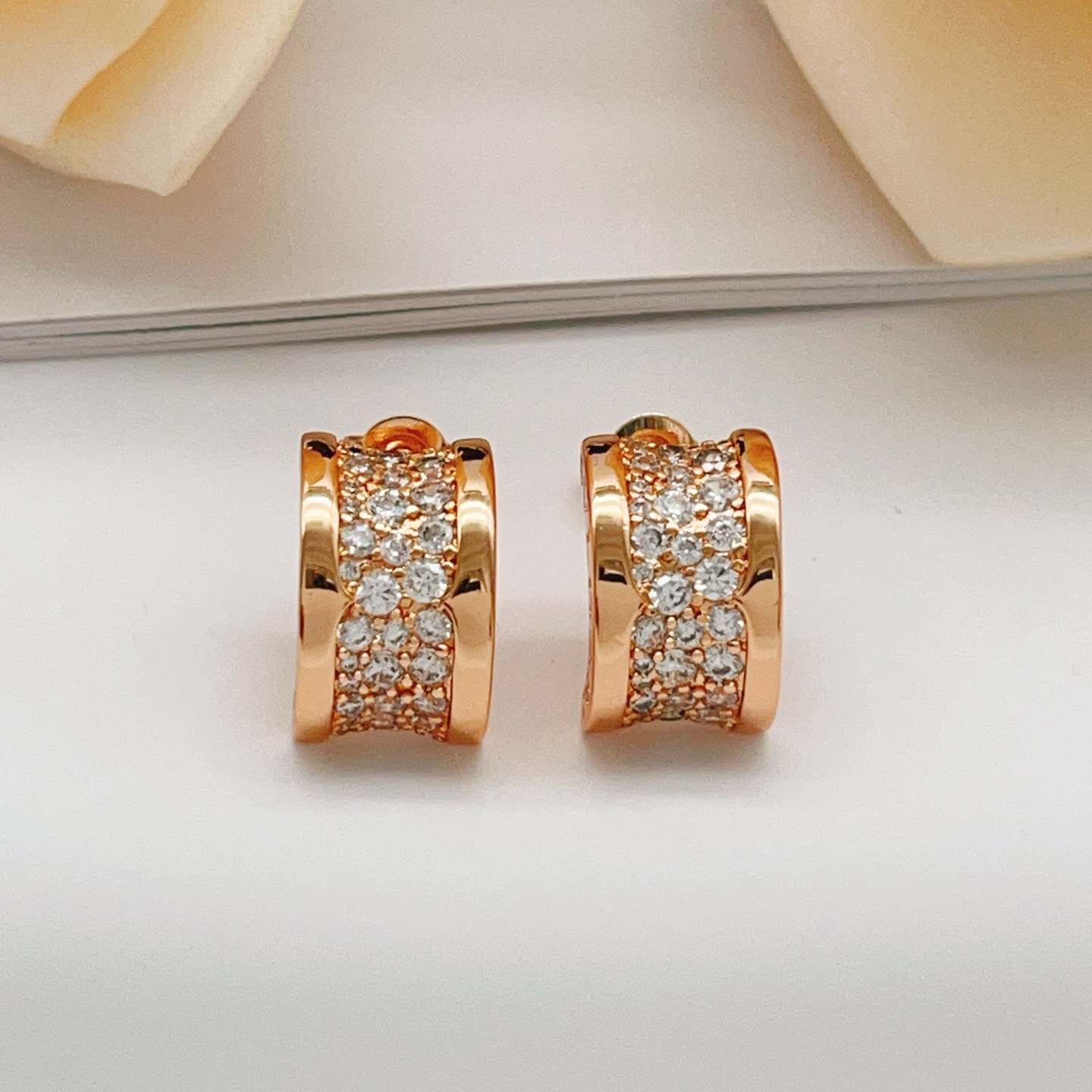 Bvlgari B zero1 earrings rose gold with clear pave diamonds 12mm hoop diameter